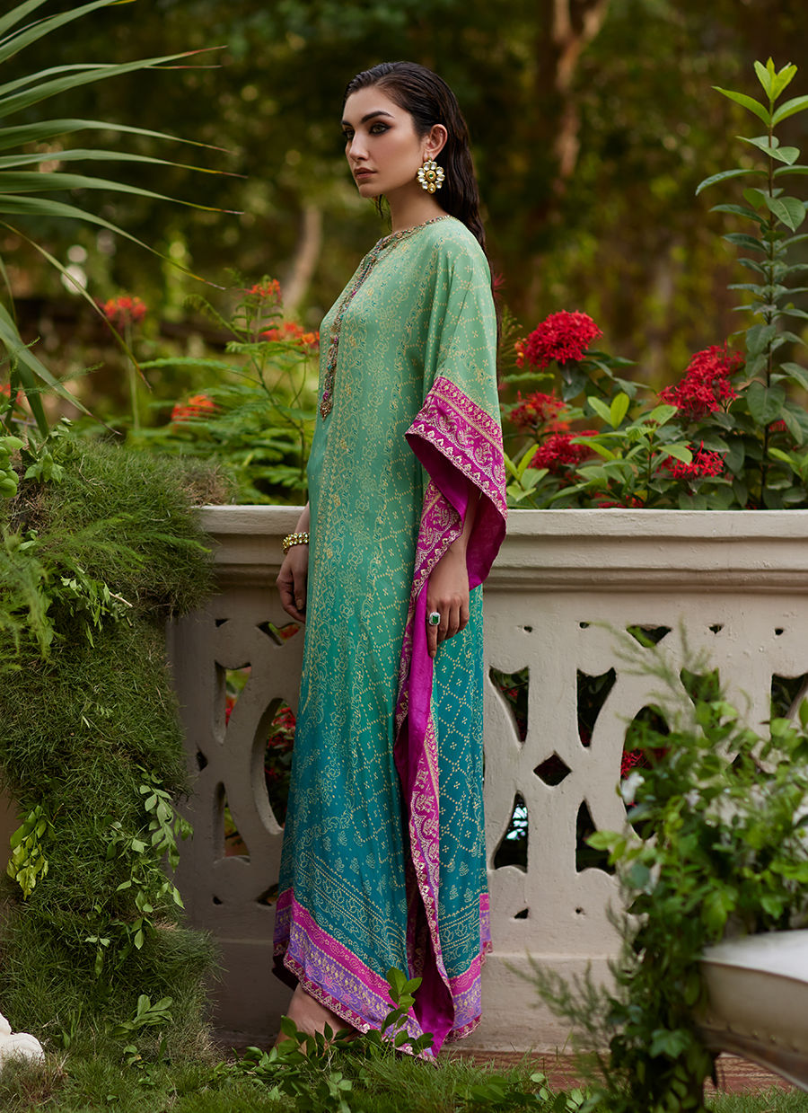 Farah Talib Aziz | Mayna Festive Prints 24 | Persia Teal Ombre Kaftan