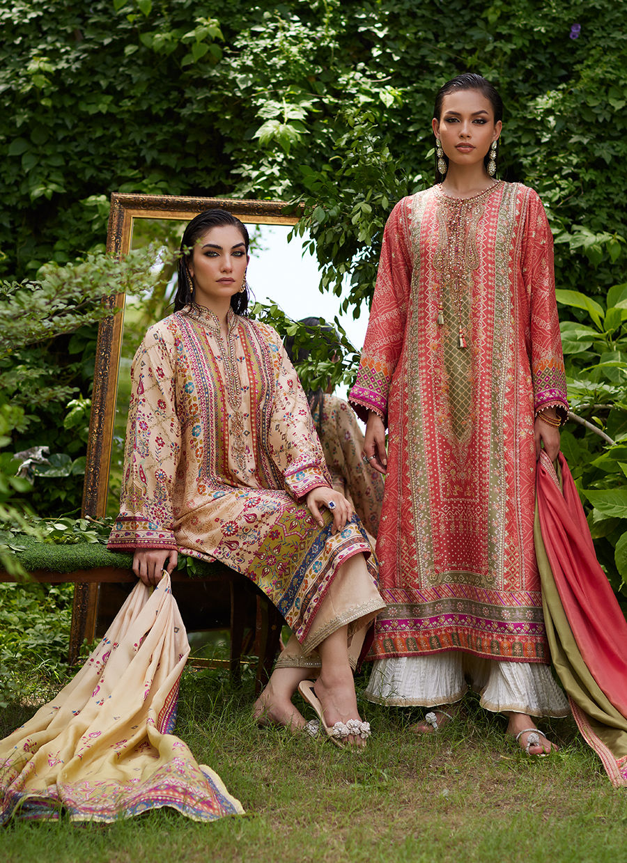 Farah Talib Aziz | Mayna Festive Prints 24 | Bazif Burnt Orange Shirt And Dupatta