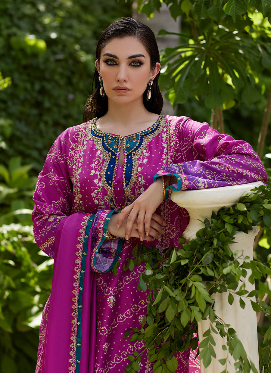 Farah Talib Aziz | Mayna Festive Prints 24 | Tazeen Magenta Ombre Shirt And Dupatta