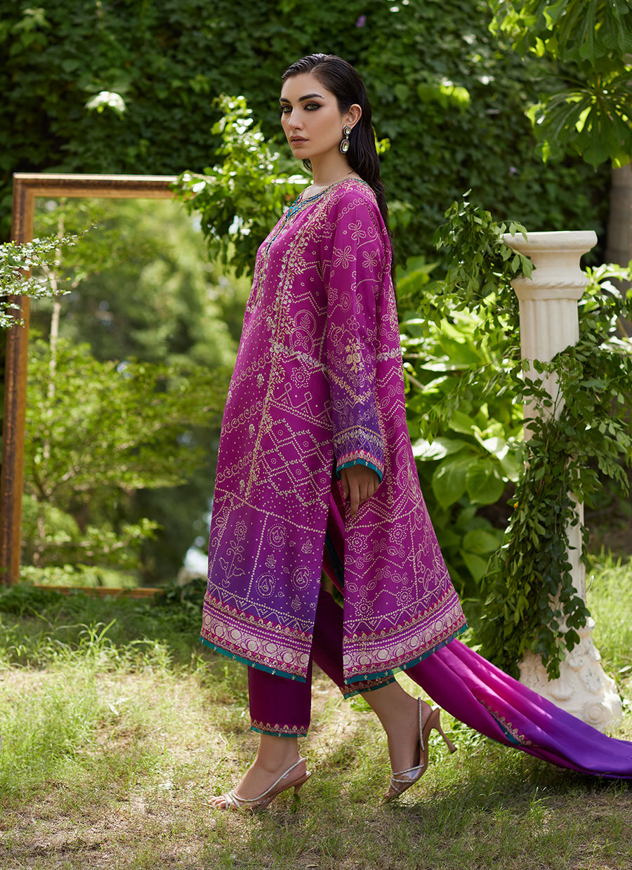 Farah Talib Aziz | Mayna Festive Prints 24 | Tazeen Magenta Ombre Shirt And Dupatta