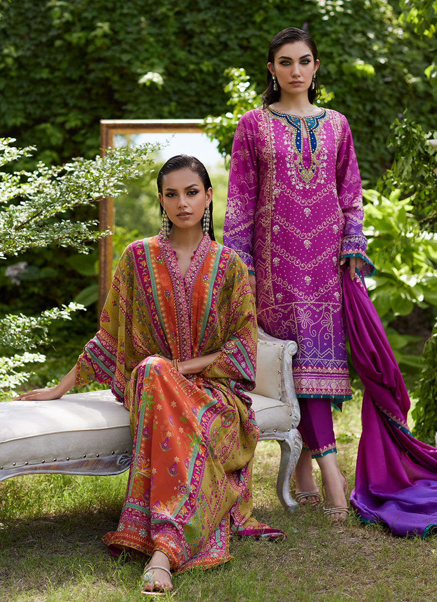 Farah Talib Aziz | Mayna Festive Prints 24 | Tazeen Magenta Ombre Shirt And Dupatta