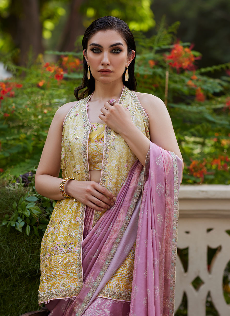 Farah Talib Aziz | Mayna Festive Prints 24 | Iqala Saree, Blouse And Jacket