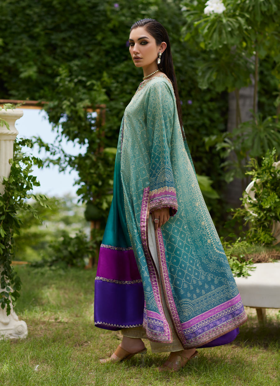 Farah Talib Aziz | Mayna Festive Prints 24 | Leisha Teal Ombre Shirt And Dupatta