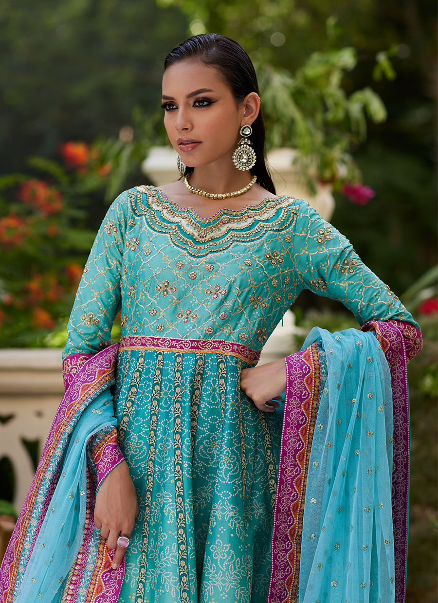 Farah Talib Aziz | Mayna Festive Prints 24 | Zaiba Turquoise Kalidaar