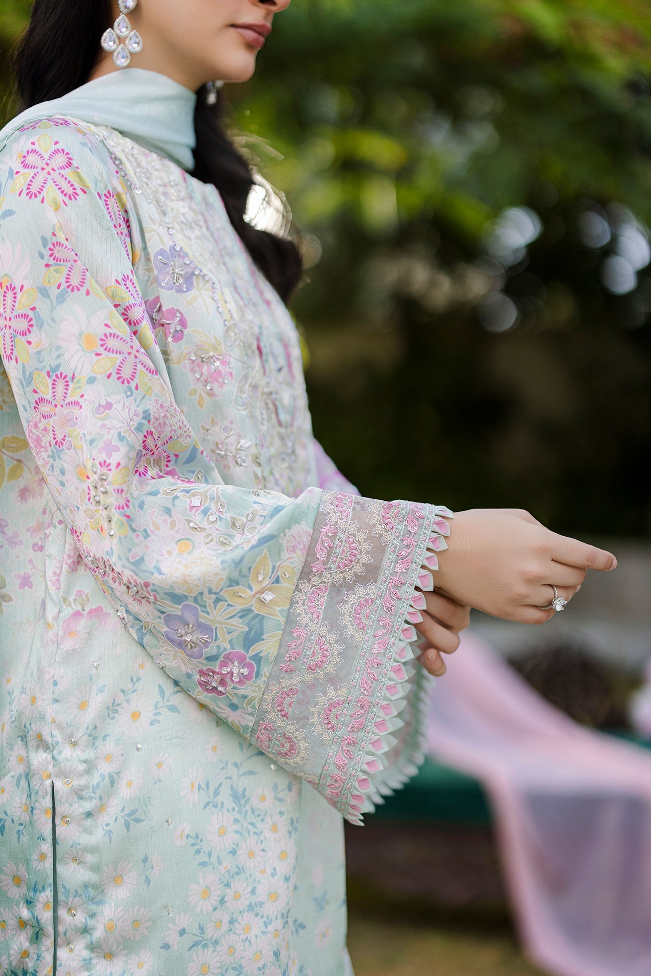 Dhanak | Silk Pret | Silk Tunic - 2PCS HAND EMBELLISHED SHIRT WITH TROUSER- L-GREEN