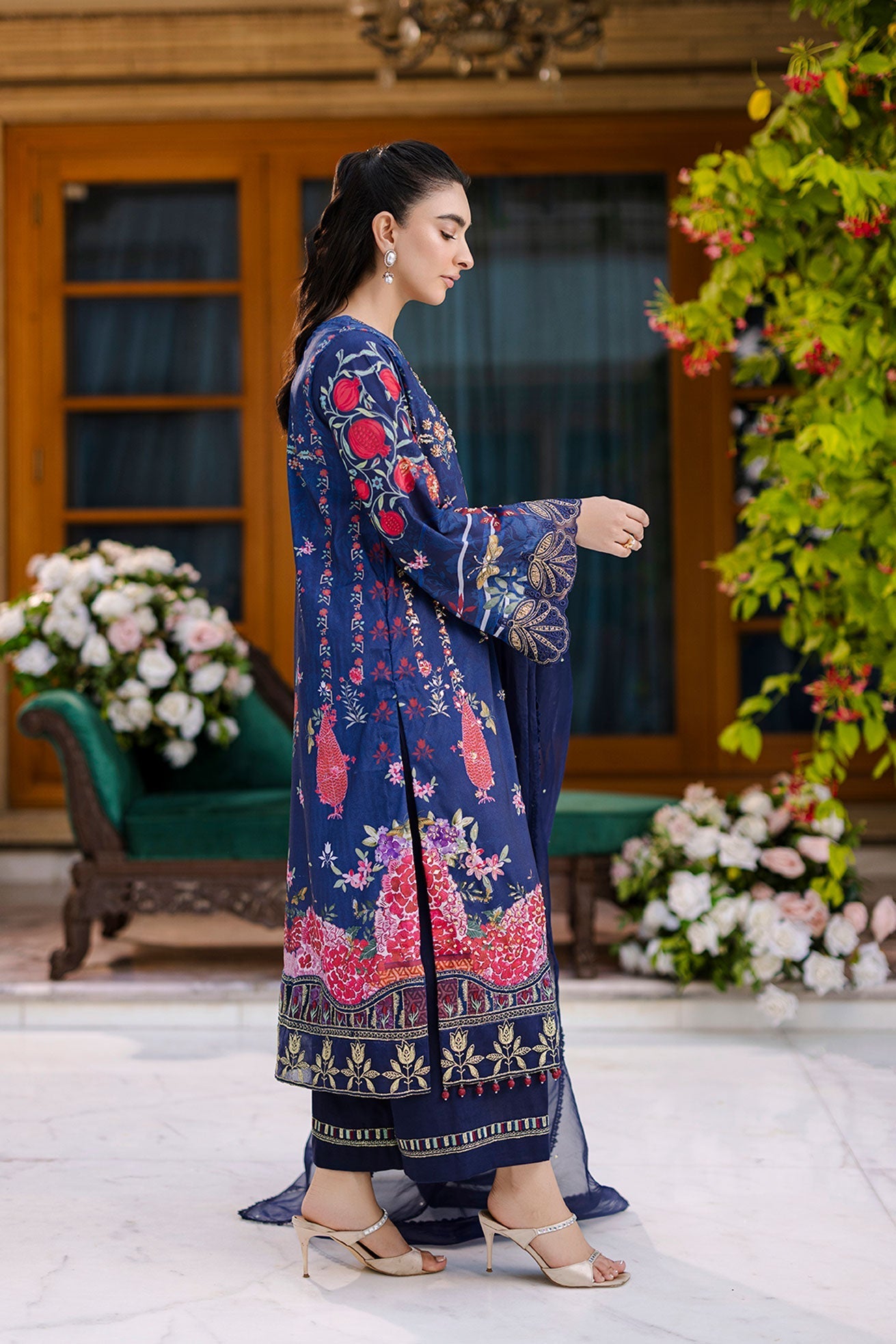 Dhanak | Silk Pret | Silk Tunic - 2PCS HAND EMBELLISHED SHIRT WITH TROUSER- NAVY BLUE