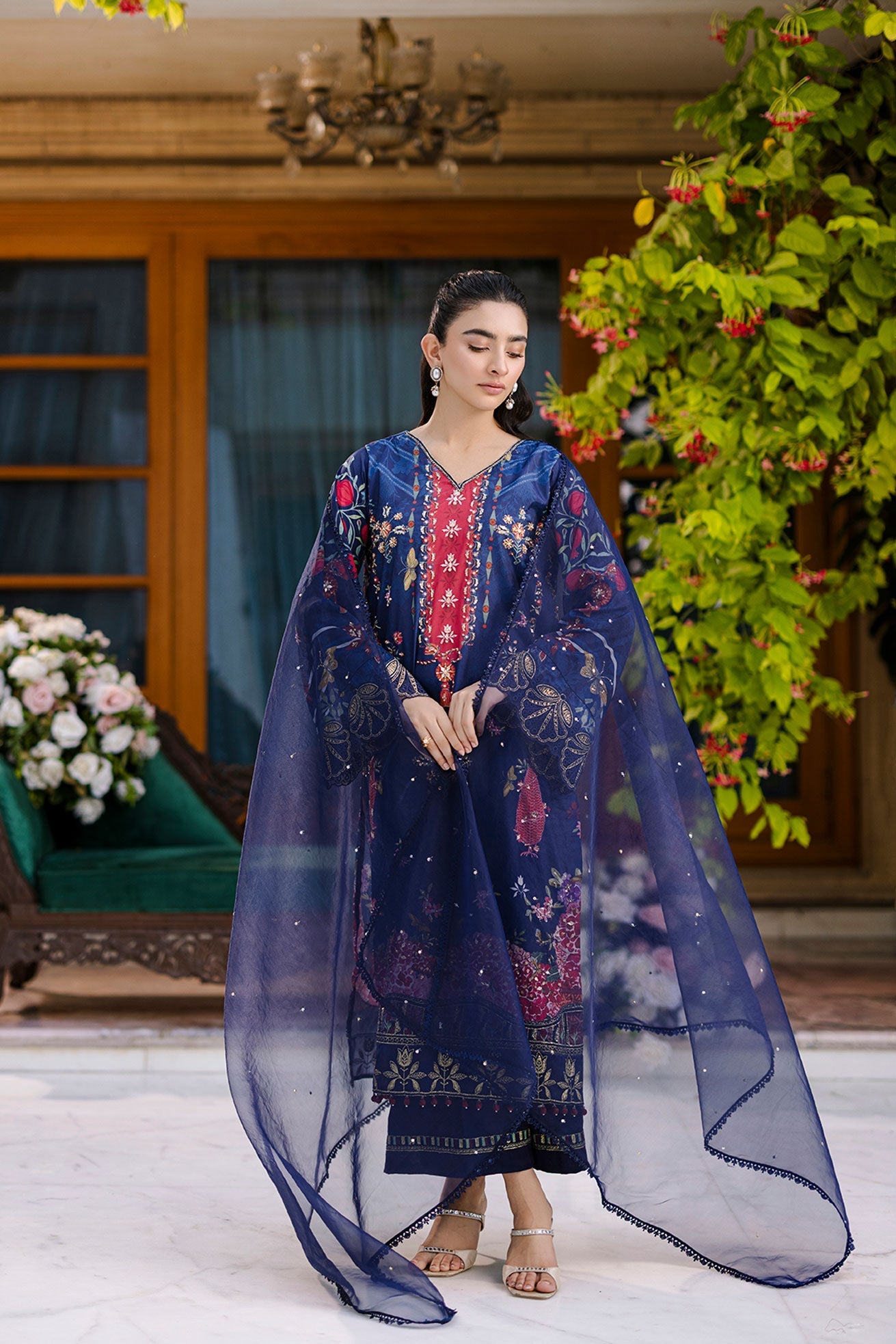 Dhanak | Silk Pret | Silk Tunic - 2PCS HAND EMBELLISHED SHIRT WITH TROUSER- NAVY BLUE