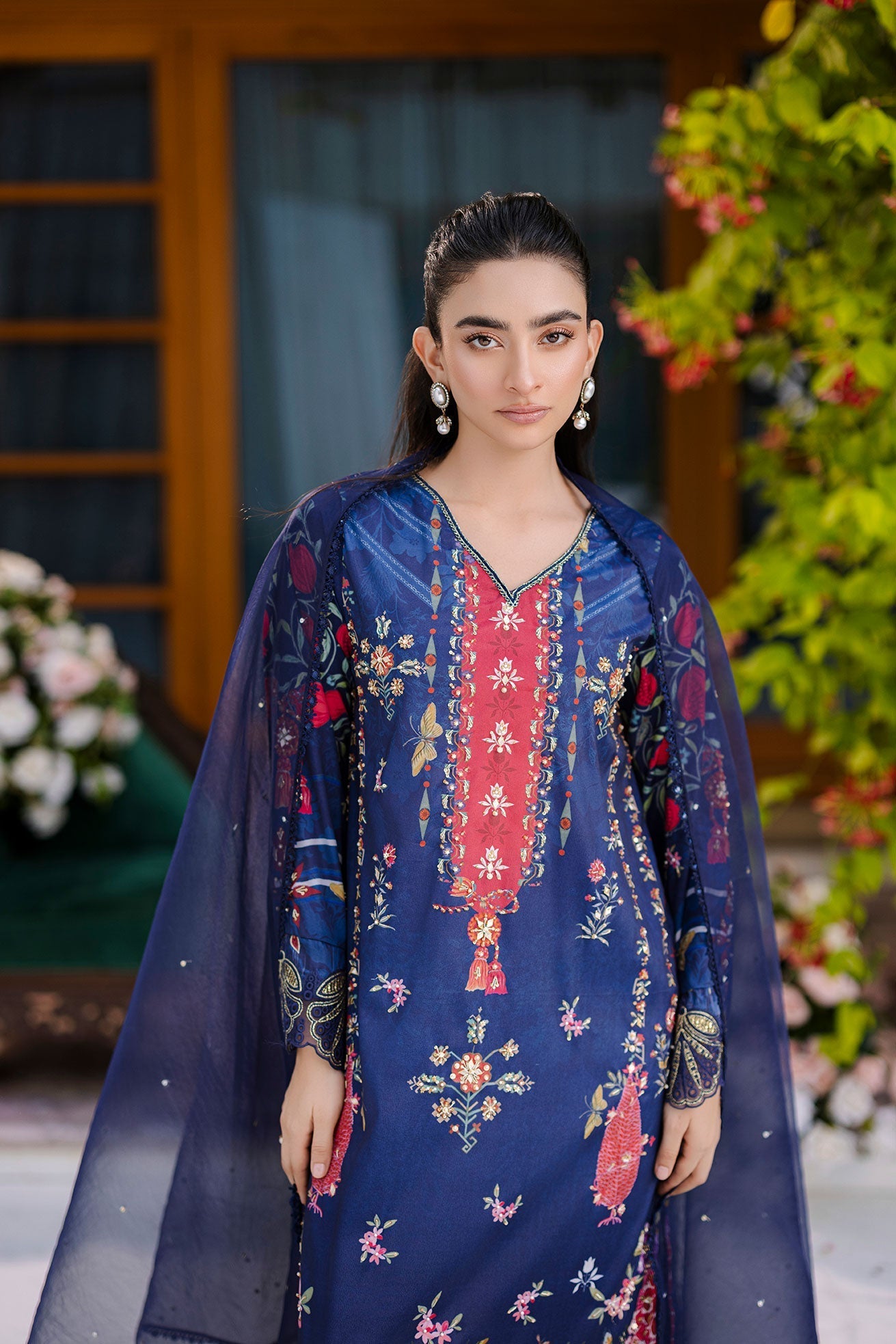 Dhanak | Silk Pret | Silk Tunic - 2PCS HAND EMBELLISHED SHIRT WITH TROUSER- NAVY BLUE