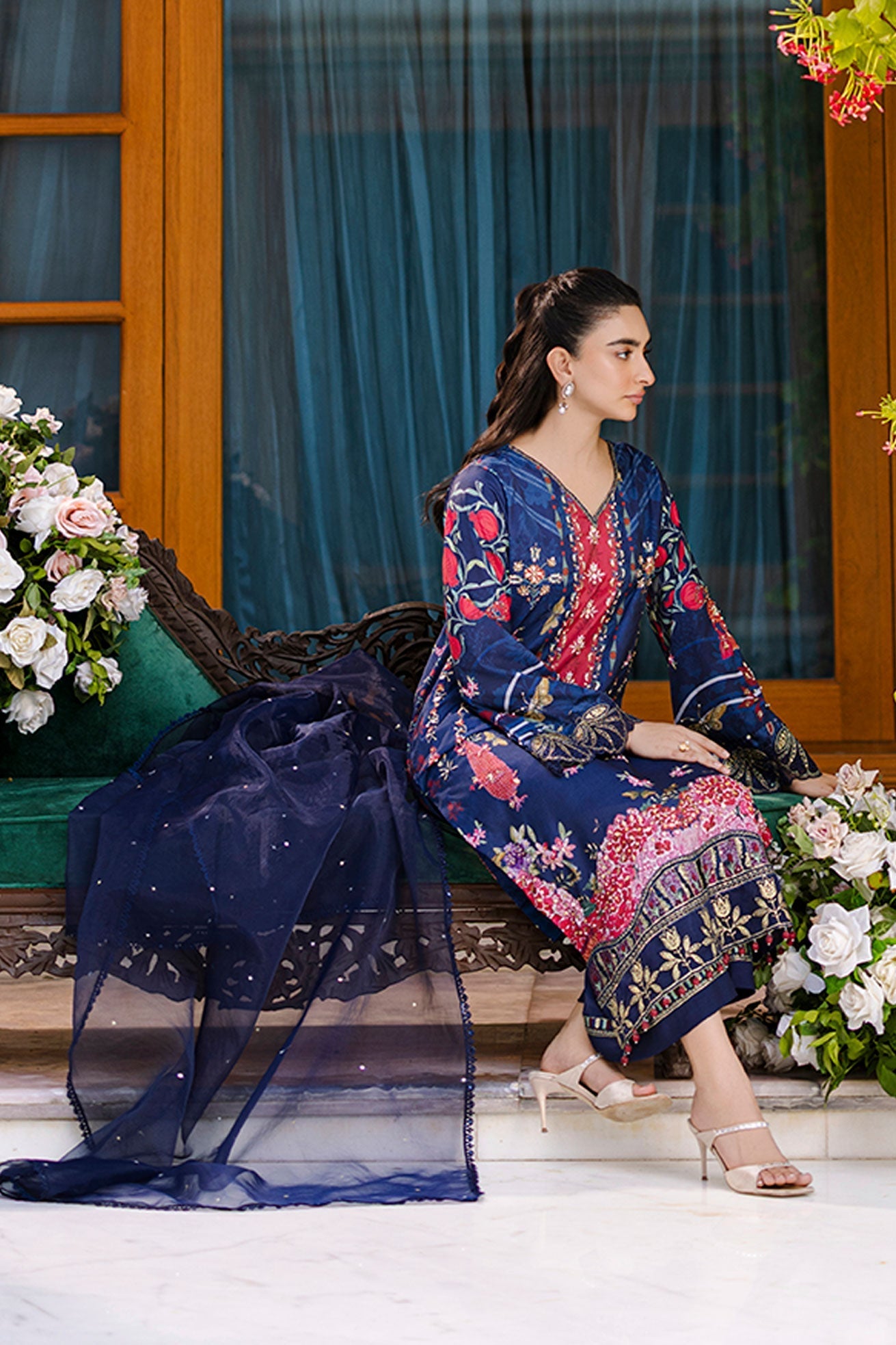 Dhanak | Silk Pret | Silk Tunic - 2PCS HAND EMBELLISHED SHIRT WITH TROUSER- NAVY BLUE