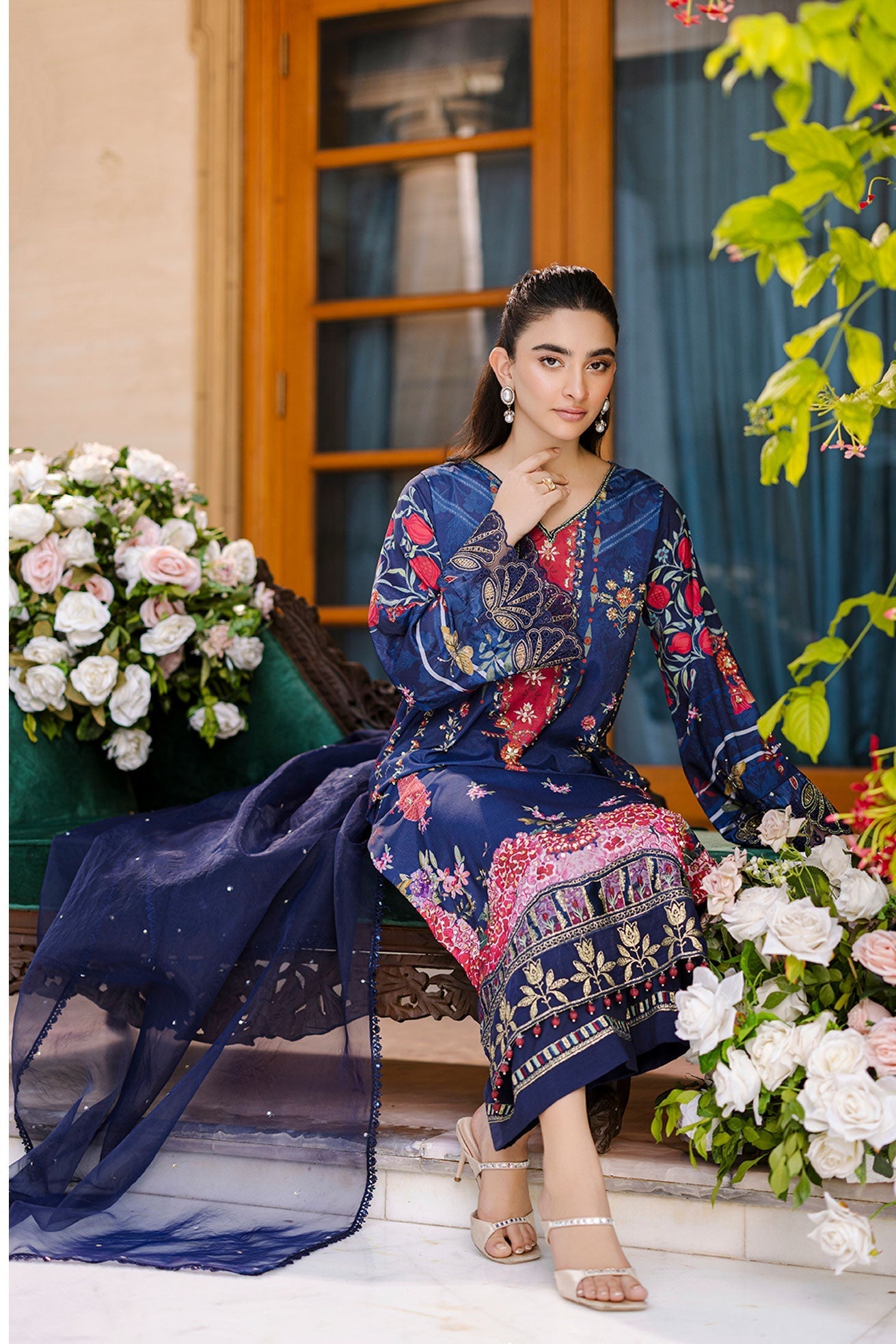 Dhanak | Silk Pret | Silk Tunic - 2PCS HAND EMBELLISHED SHIRT WITH TROUSER- NAVY BLUE