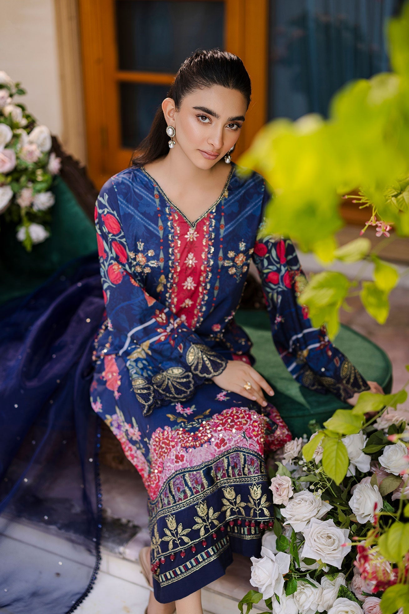 Dhanak | Silk Pret | Silk Tunic - 2PCS HAND EMBELLISHED SHIRT WITH TROUSER- NAVY BLUE