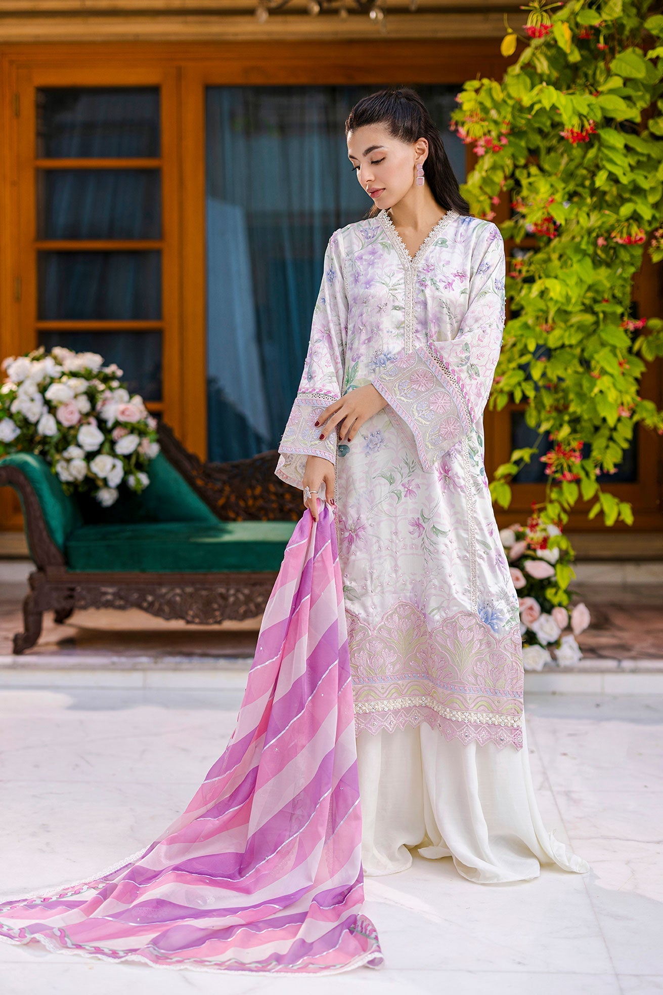 Dhanak | Silk Pret | Silk Tunic - 2PCS HAND EMBELLISHED SHIRT WITH TROUSER- OFF WHITE