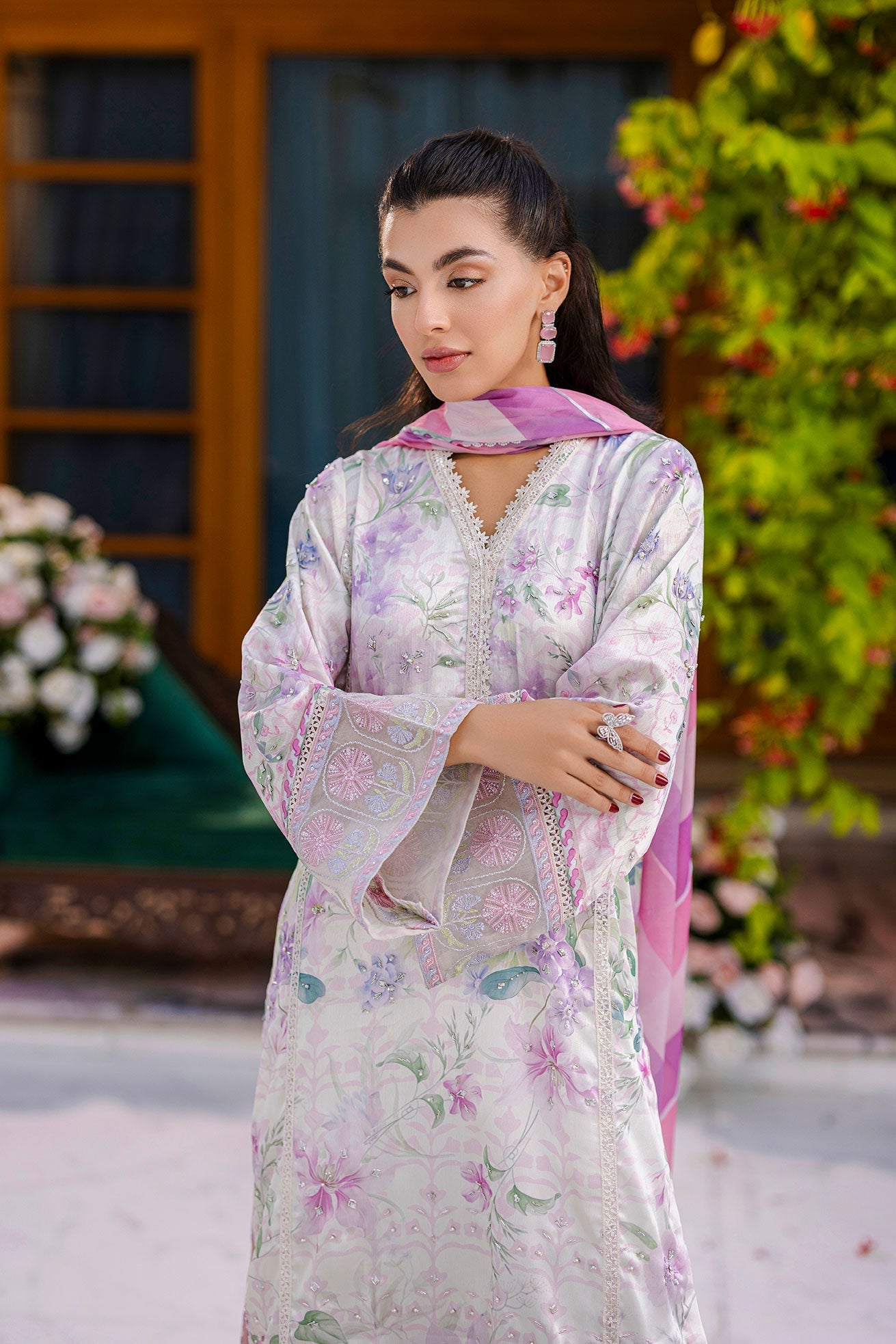 Dhanak | Silk Pret | Silk Tunic - 2PCS HAND EMBELLISHED SHIRT WITH TROUSER- OFF WHITE