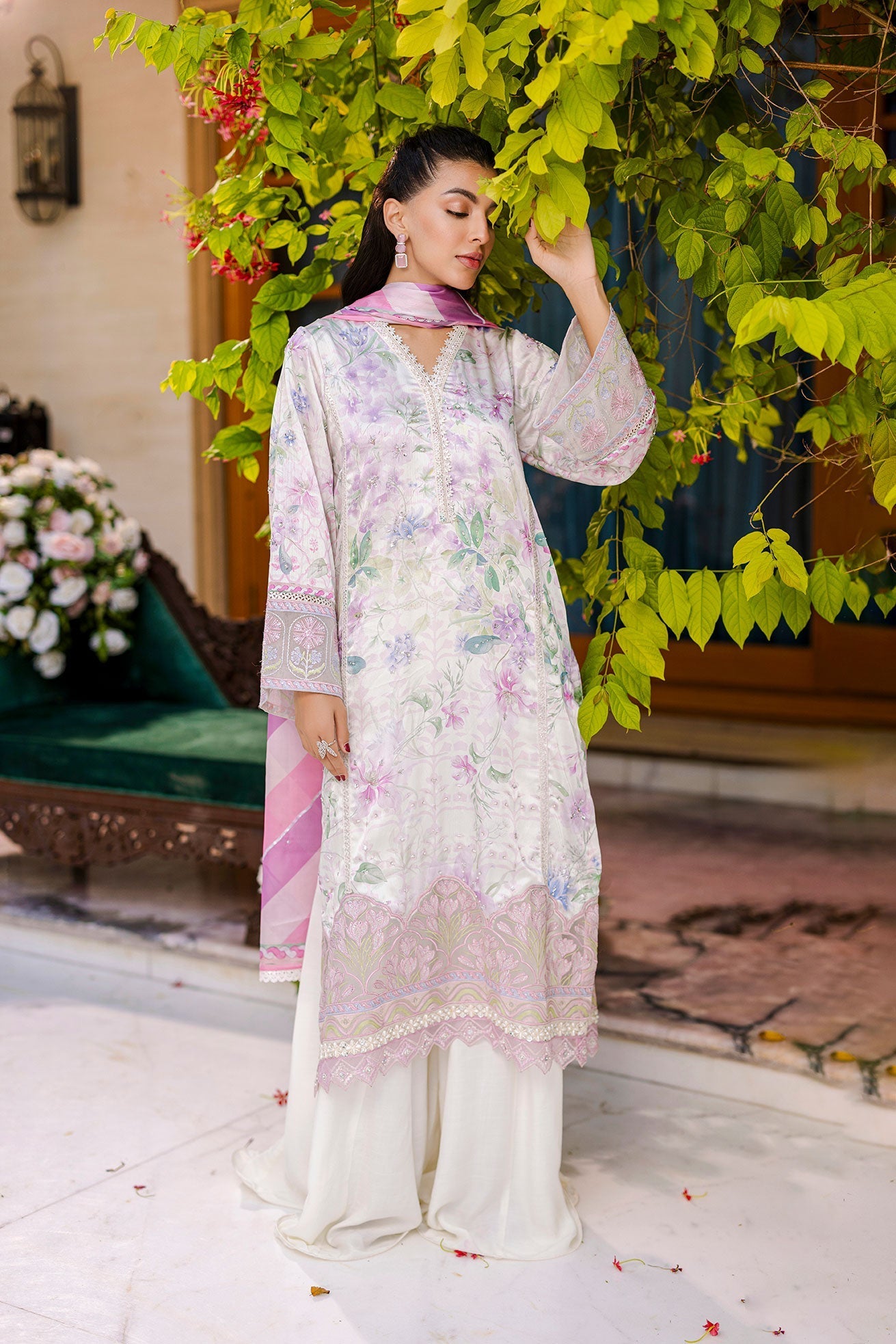 Dhanak | Silk Pret | Silk Tunic - 2PCS HAND EMBELLISHED SHIRT WITH TROUSER- OFF WHITE