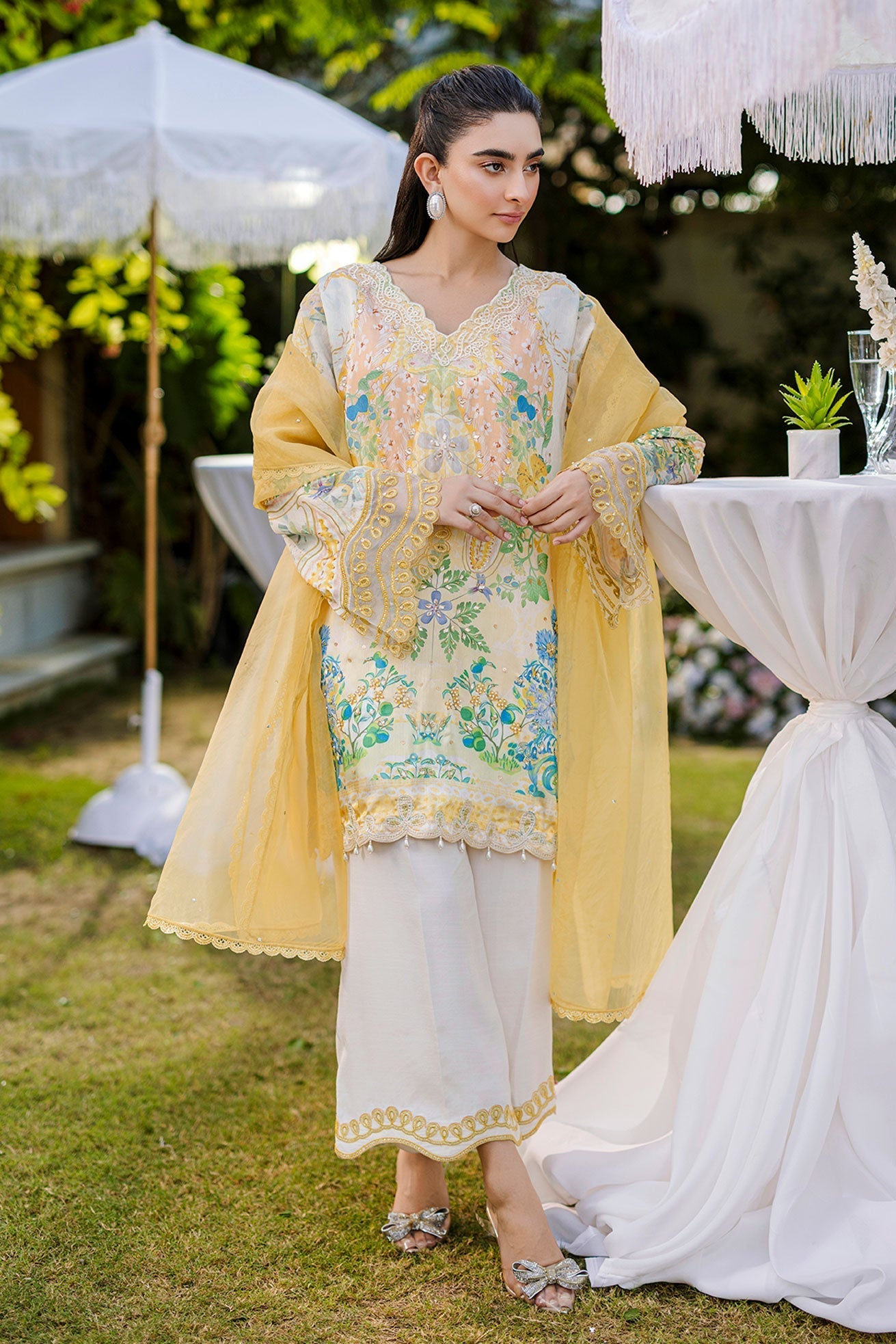 Dhanak | Silk Pret | Silk Tunic - 2PCS HAND EMBELLISHED SHIRT WITH TROUSER- YELLOW
