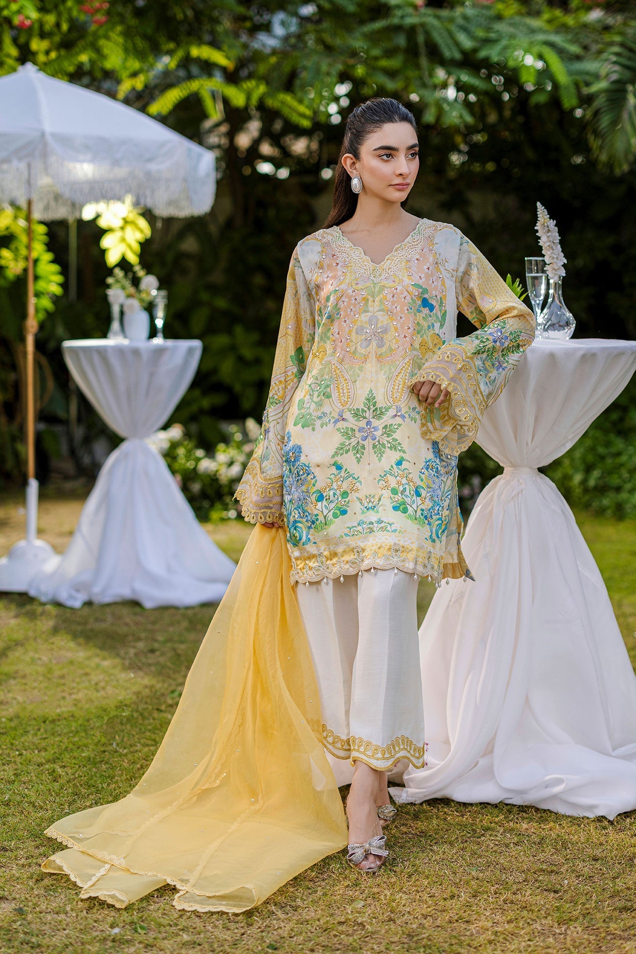 Dhanak | Silk Pret | Silk Tunic - 2PCS HAND EMBELLISHED SHIRT WITH TROUSER- YELLOW