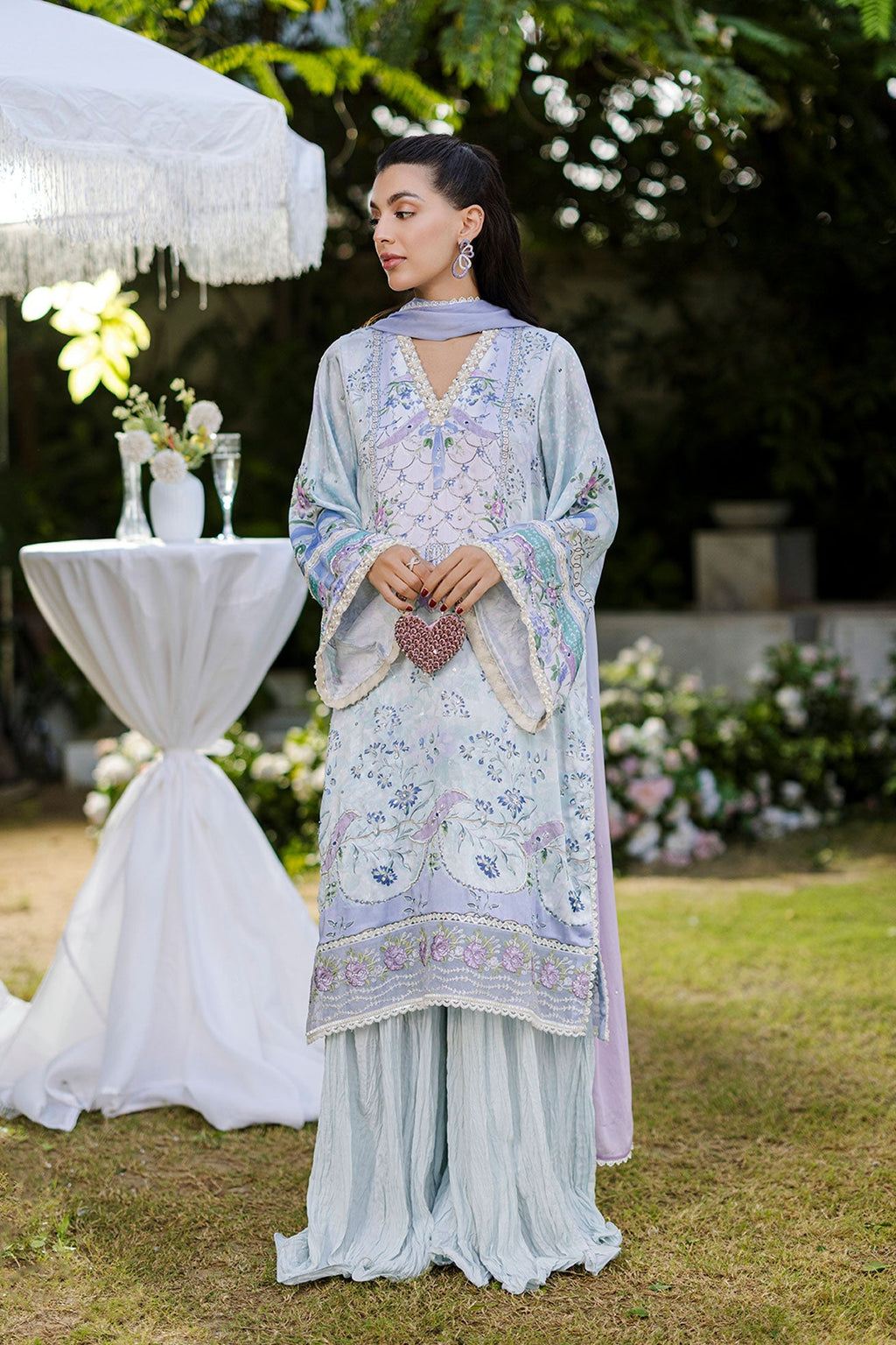 Dhanak | Silk Pret | Silk Tunic - 2PCS HAND EMBELLISHED SHIRT WITH TROUSER- SKY BLUE