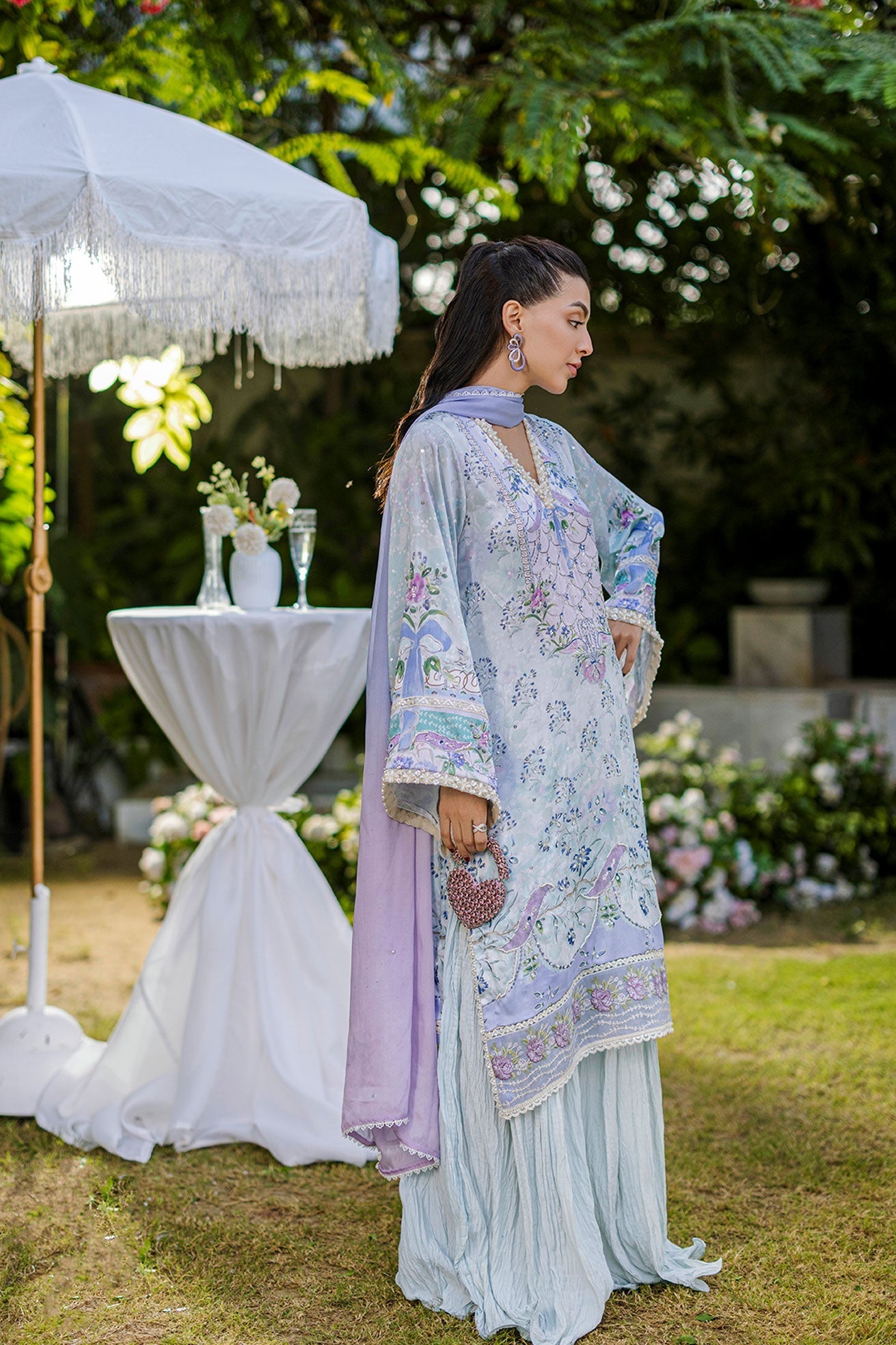 Dhanak | Silk Pret | Silk Tunic - 2PCS HAND EMBELLISHED SHIRT WITH TROUSER- SKY BLUE