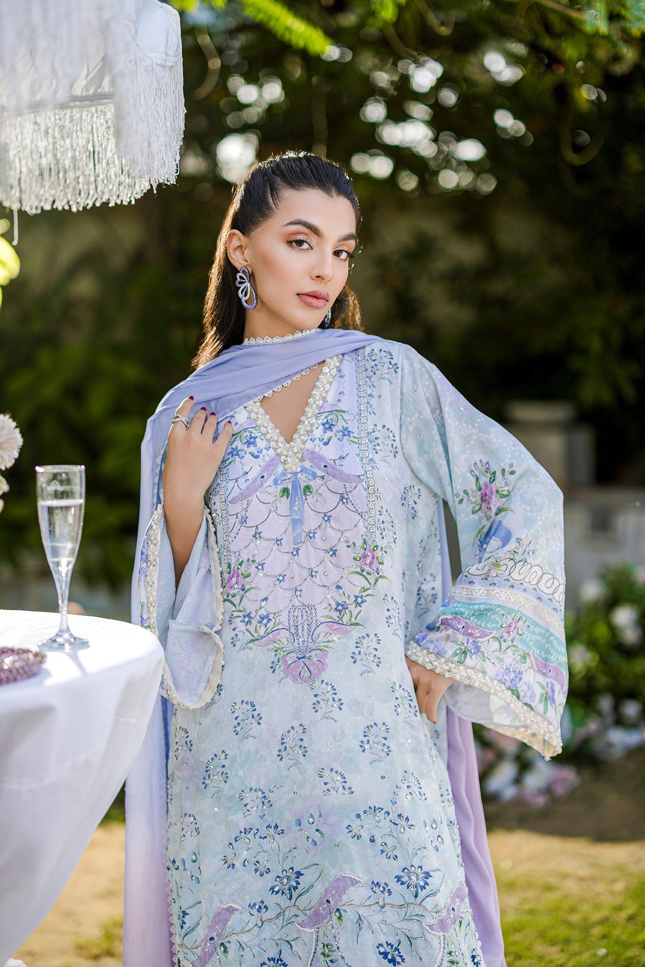 Dhanak | Silk Pret | Silk Tunic - 2PCS HAND EMBELLISHED SHIRT WITH TROUSER- SKY BLUE
