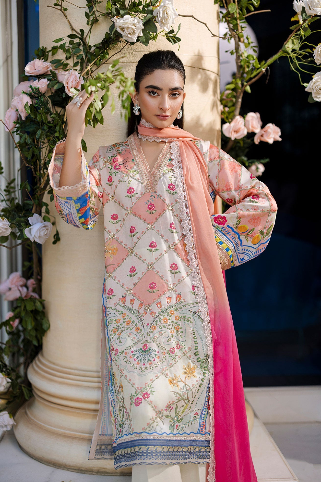 Dhanak | Silk Pret | Silk Tunic - 2PCS HAND EMBELLISHED SHIRT WITH TROUSER- ORANGE