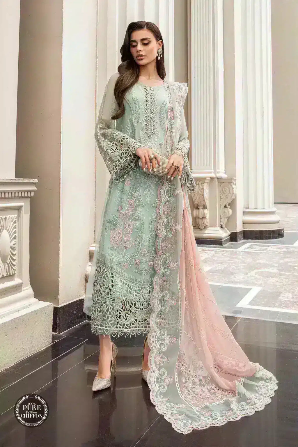 Maria B | Luxury Chiffon Collection | Mint Green - House Of Anaya