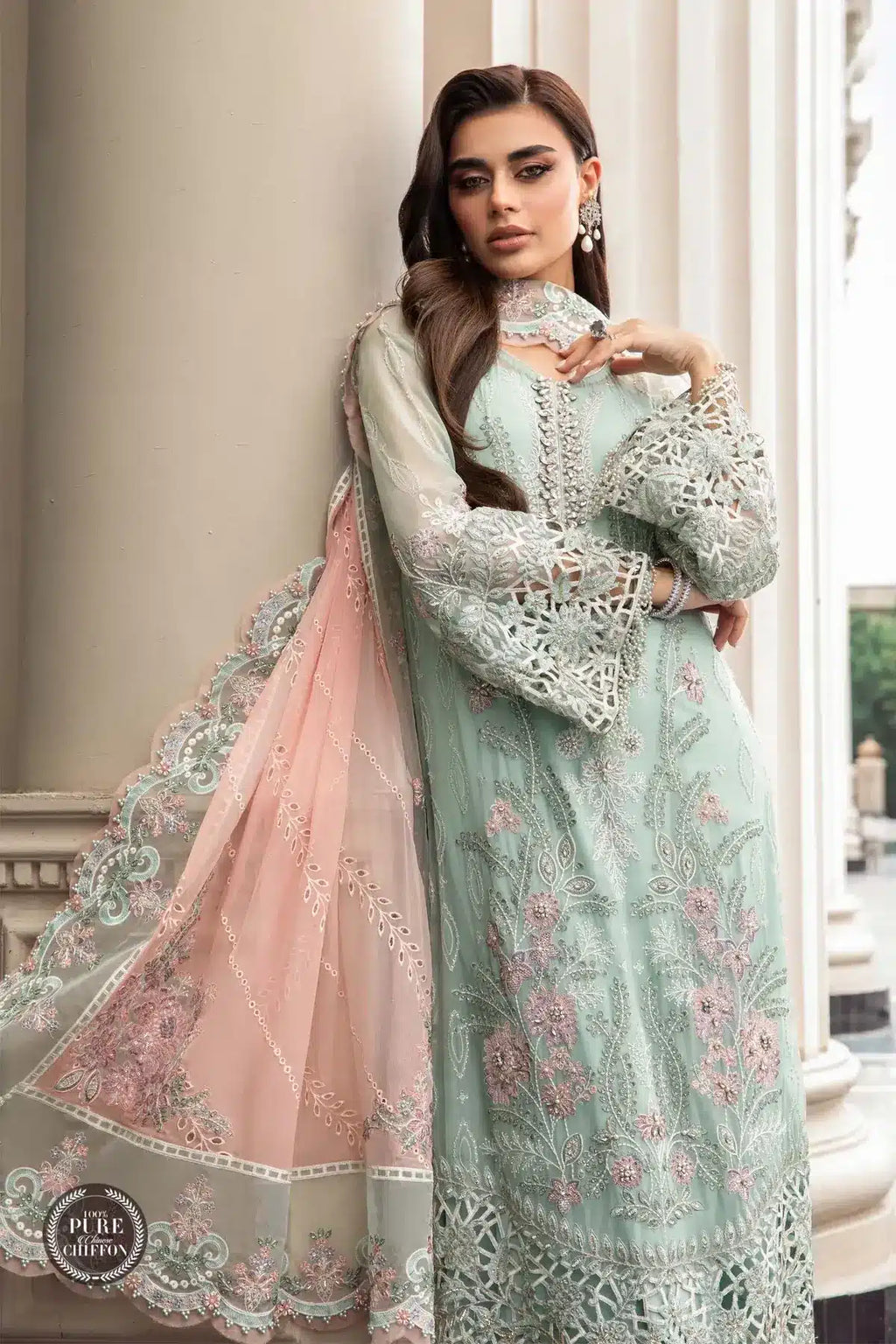Maria B | Luxury Chiffon Collection | Mint Green - House Of Anaya
