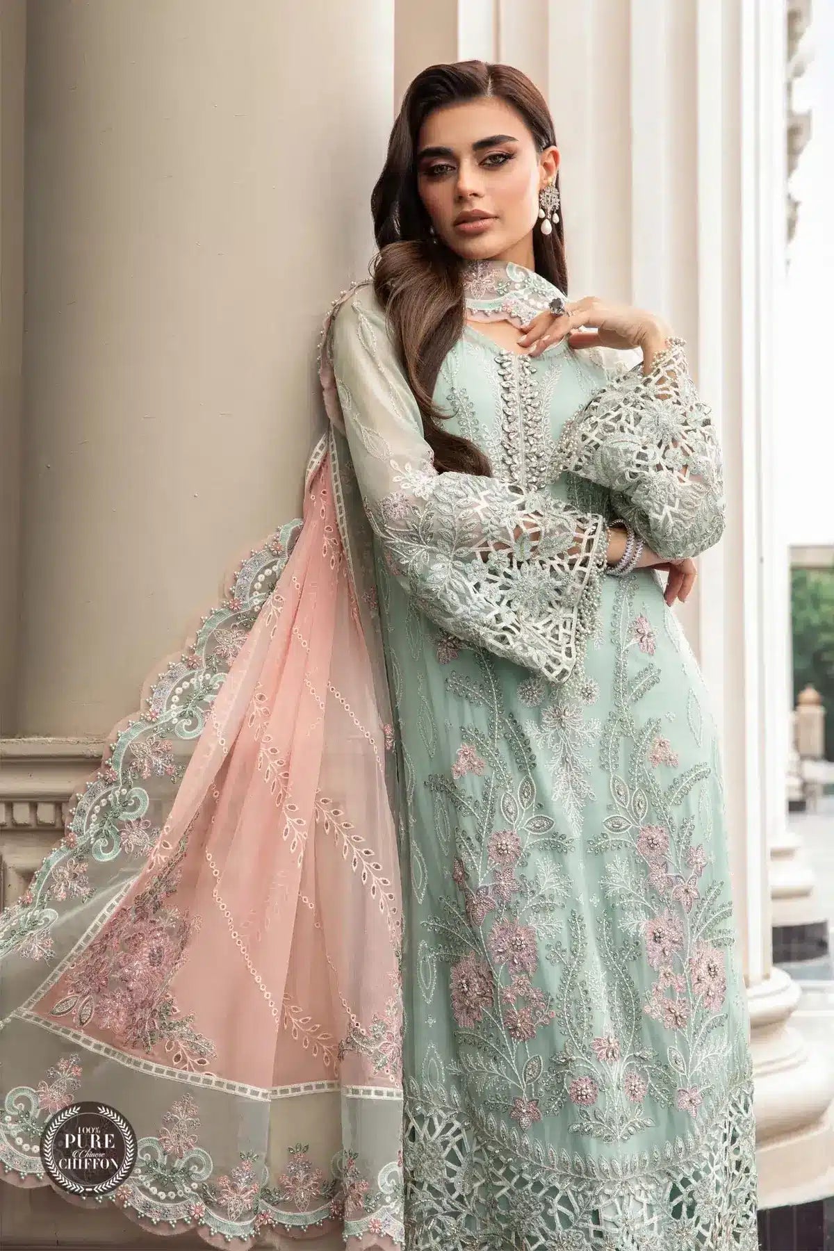Maria B | Luxury Chiffon Collection | Mint Green - House Of Anaya