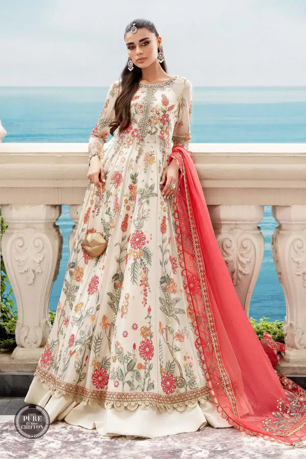 Maria B | Luxury Chiffon Collection | Cloud White Floral - House Of Anaya