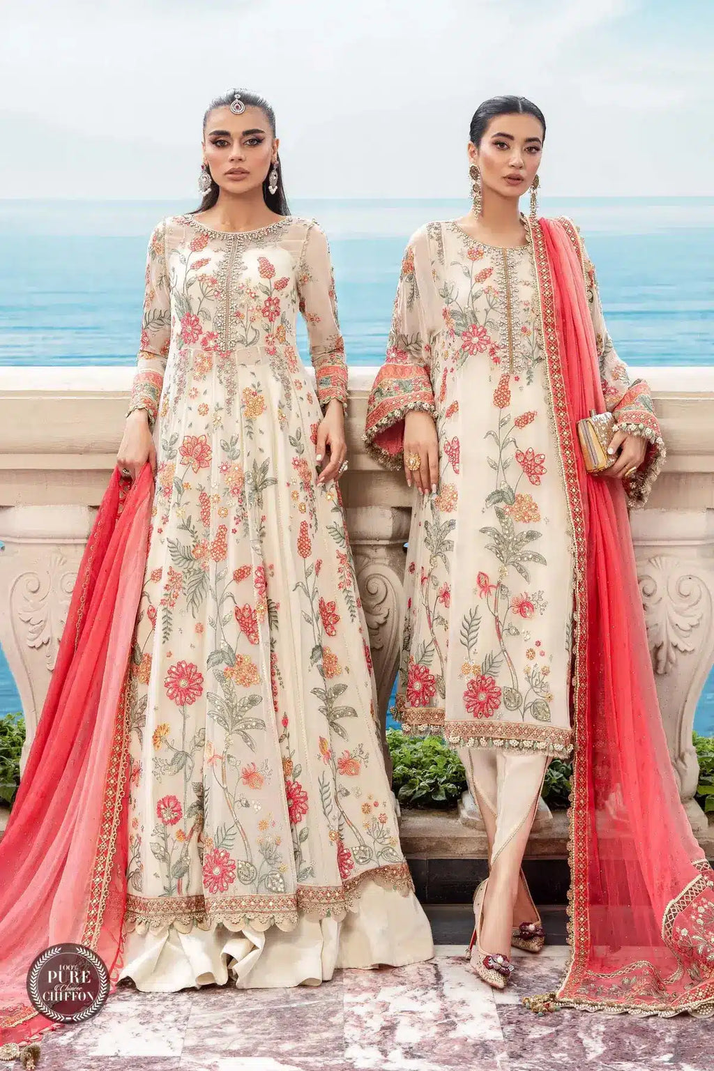 Maria B | Luxury Chiffon Collection | Cloud White Floral - House Of Anaya