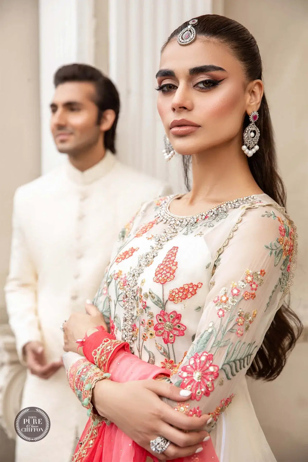 Maria B | Luxury Chiffon Collection | Cloud White Floral - House Of Anaya