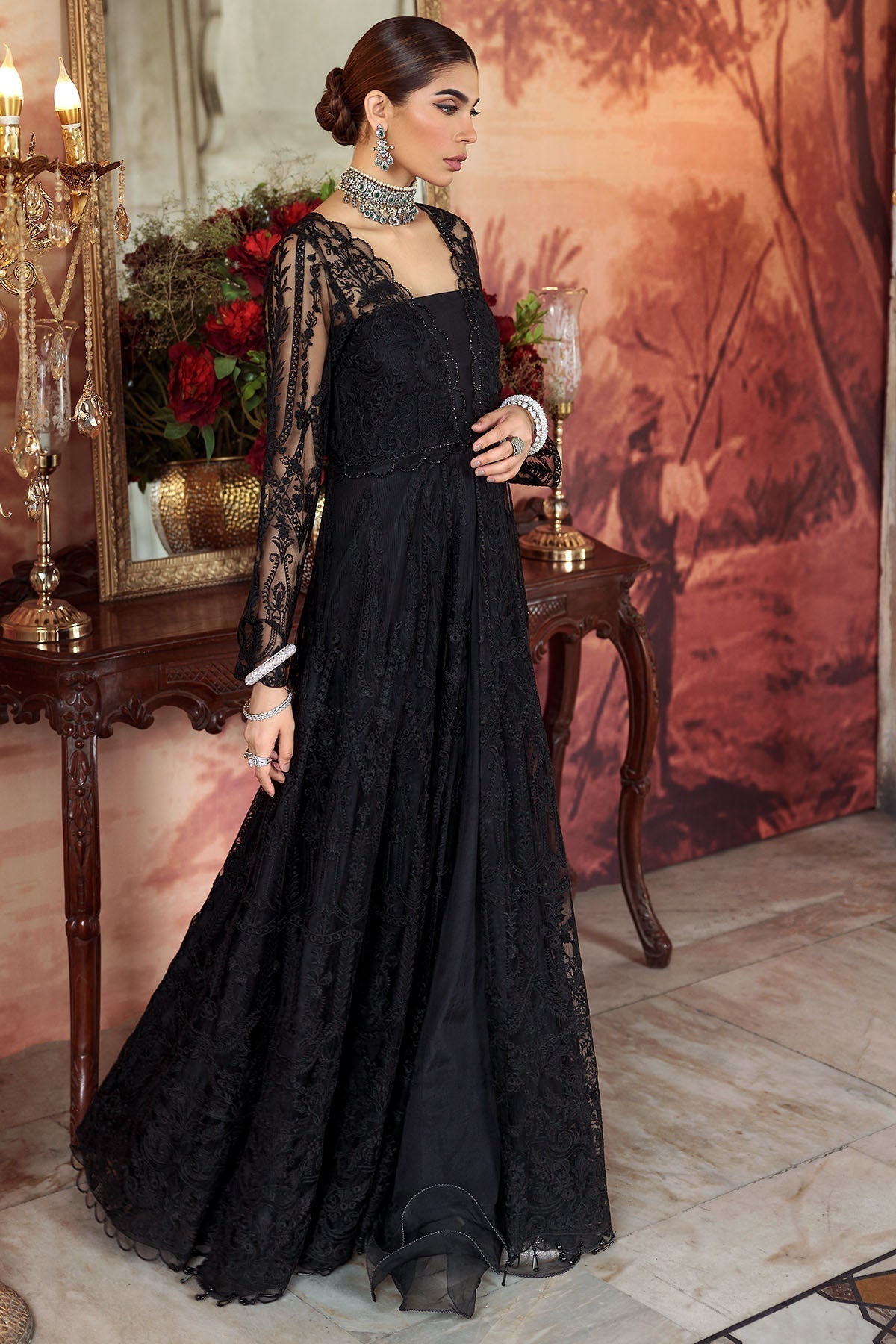 Motifz-2777-BLACK EMBROIDERED SILK NET FABRIC - Riwayat-e-khas