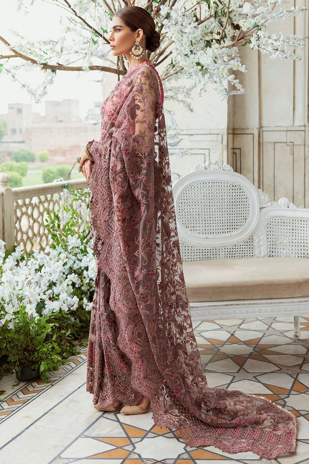 Motifz-3185-BROWN EMBROIDERED SILK NET FABRIC - Riwayat-e-khas