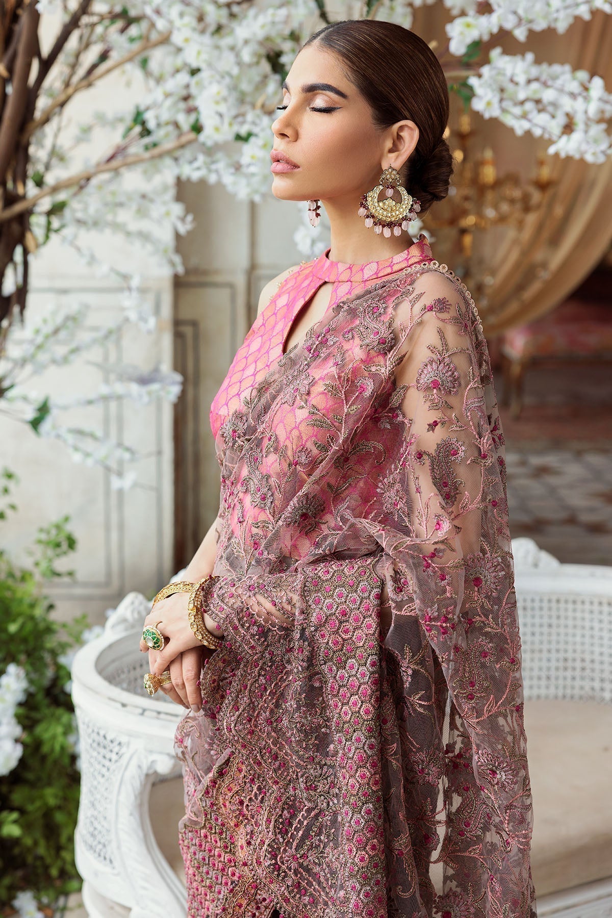 Motifz-3185-BROWN EMBROIDERED SILK NET FABRIC - Riwayat-e-khas