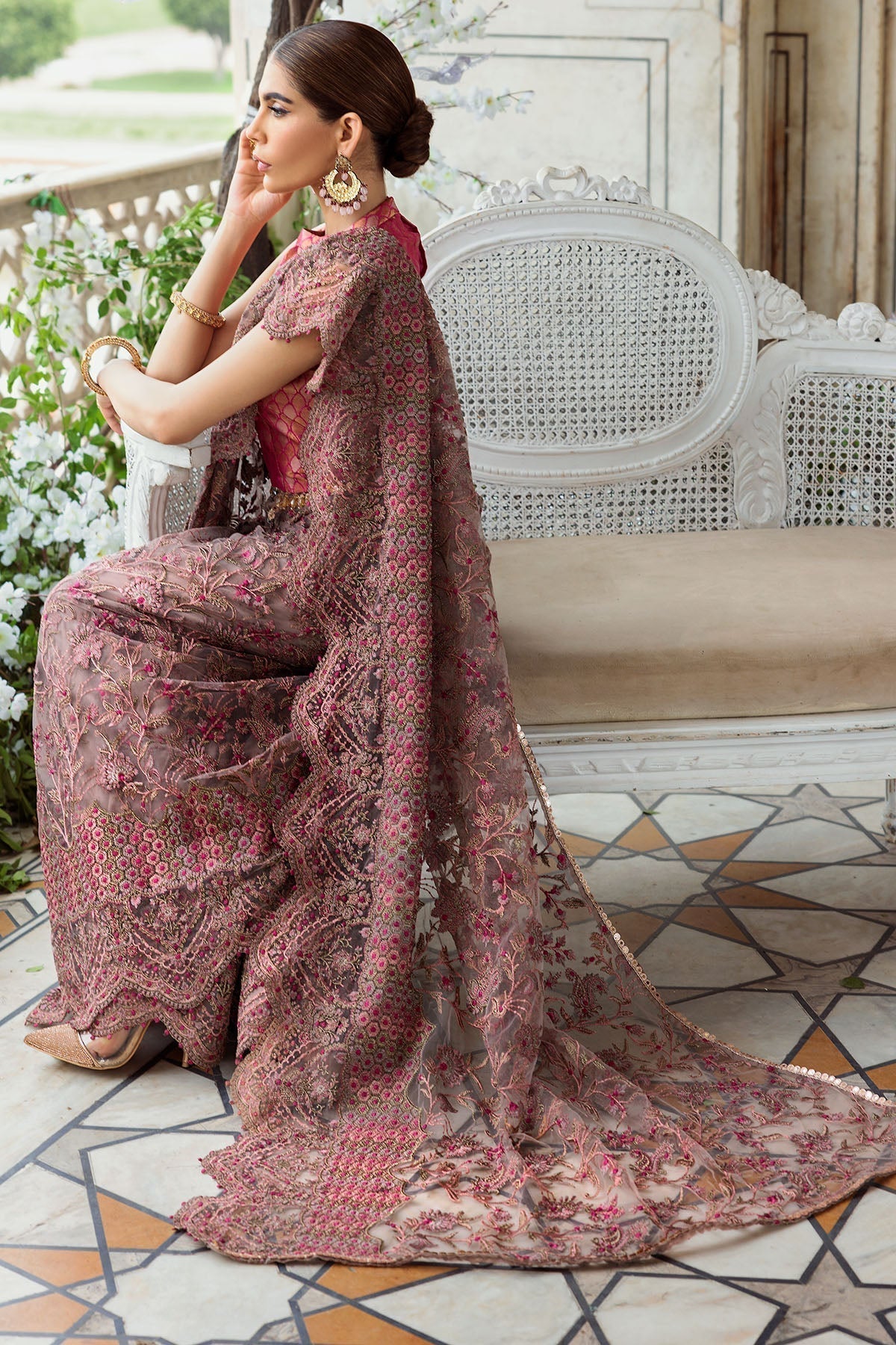 Motifz-3185-BROWN EMBROIDERED SILK NET FABRIC - Riwayat-e-khas