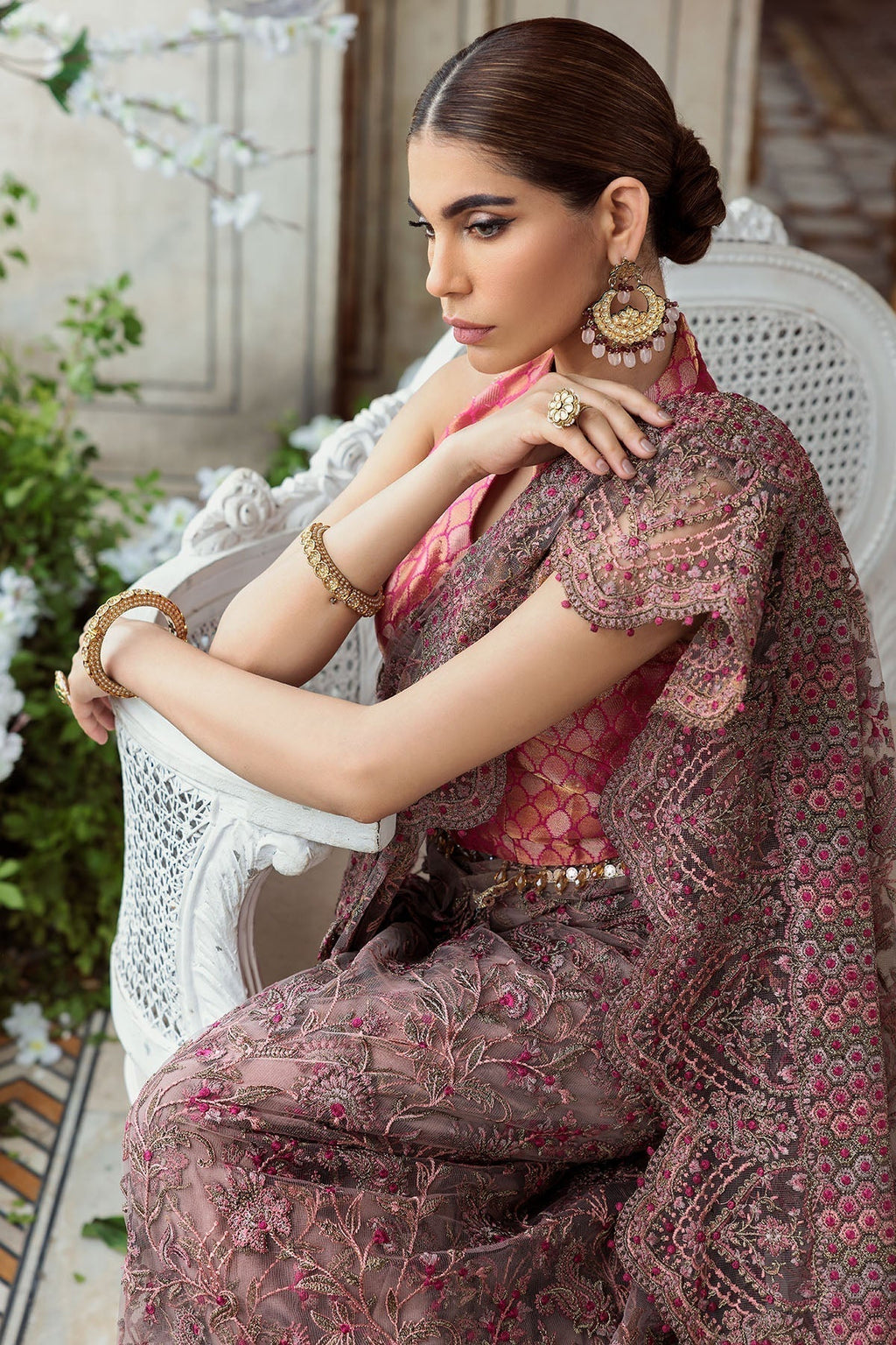 Motifz-3185-BROWN EMBROIDERED SILK NET FABRIC - Riwayat-e-khas