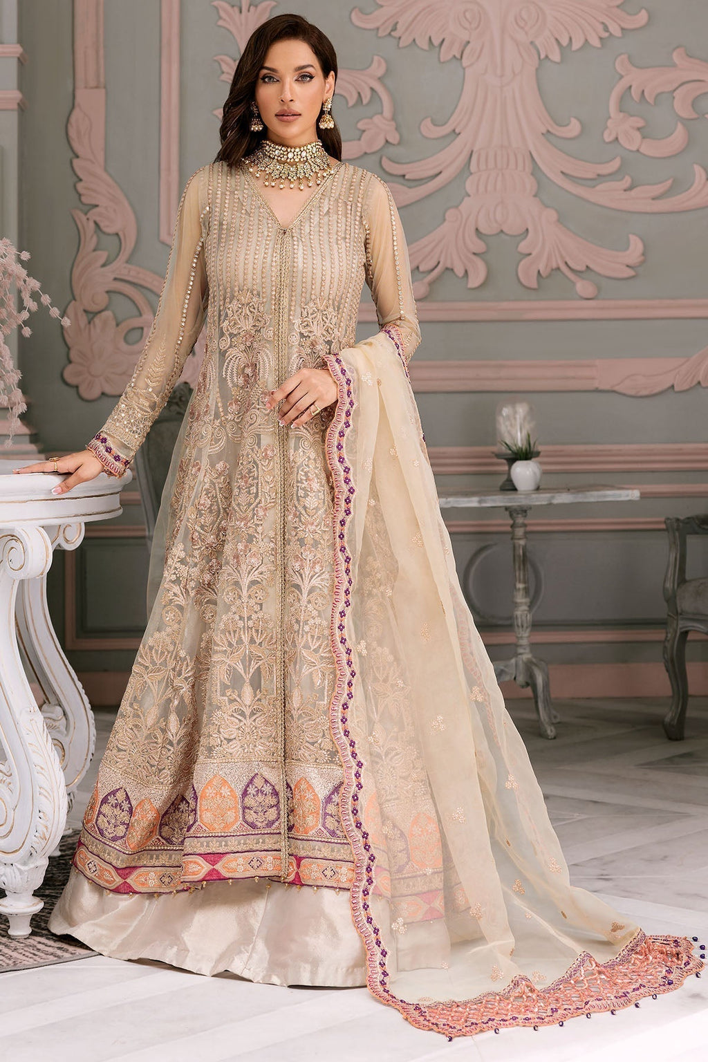Motifz-3391-LENTERNITE EMBROIDERED SILK NET - Riwayat-e-khas