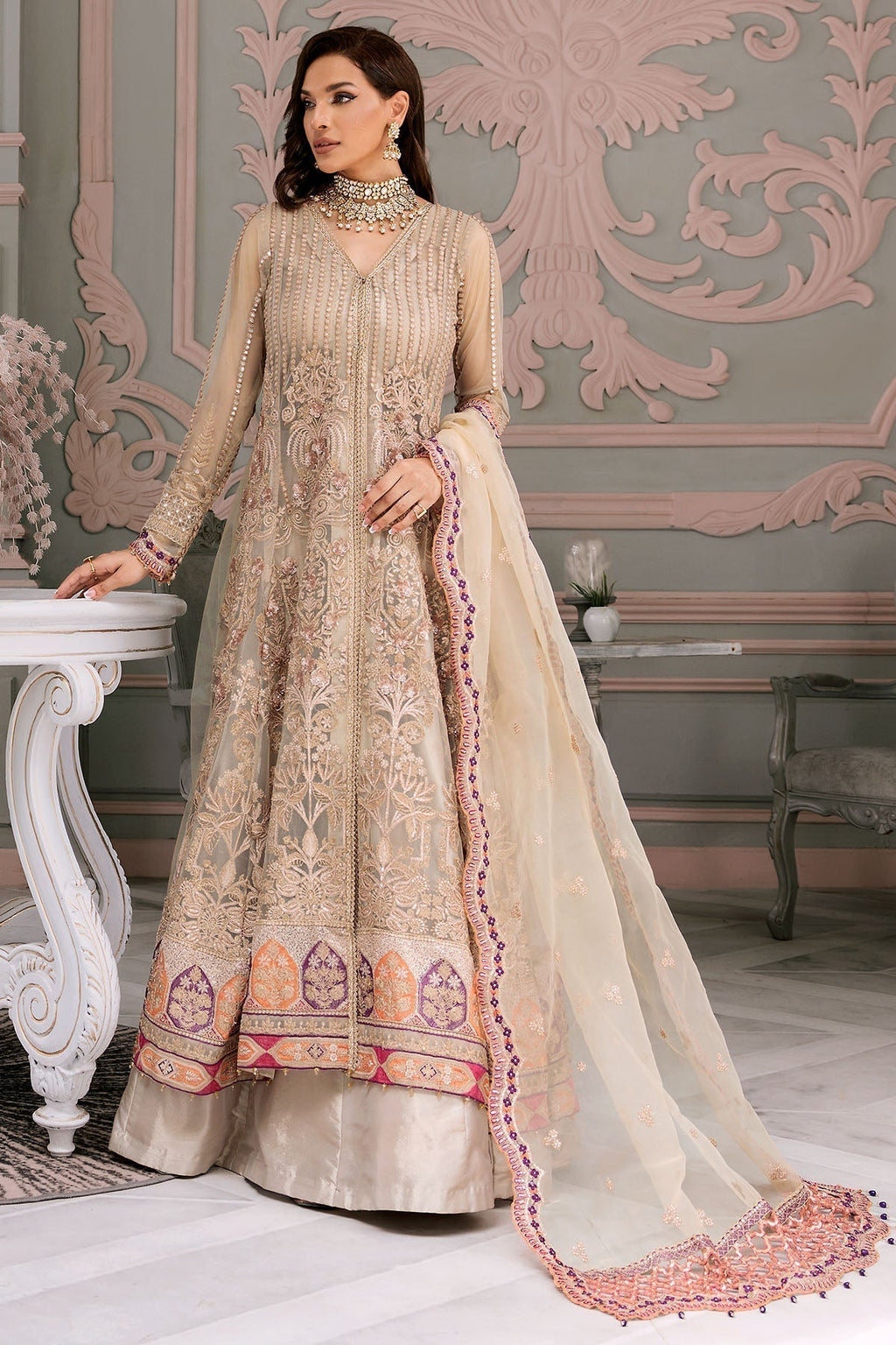 Motifz-3391-LENTERNITE EMBROIDERED SILK NET - Riwayat-e-khas