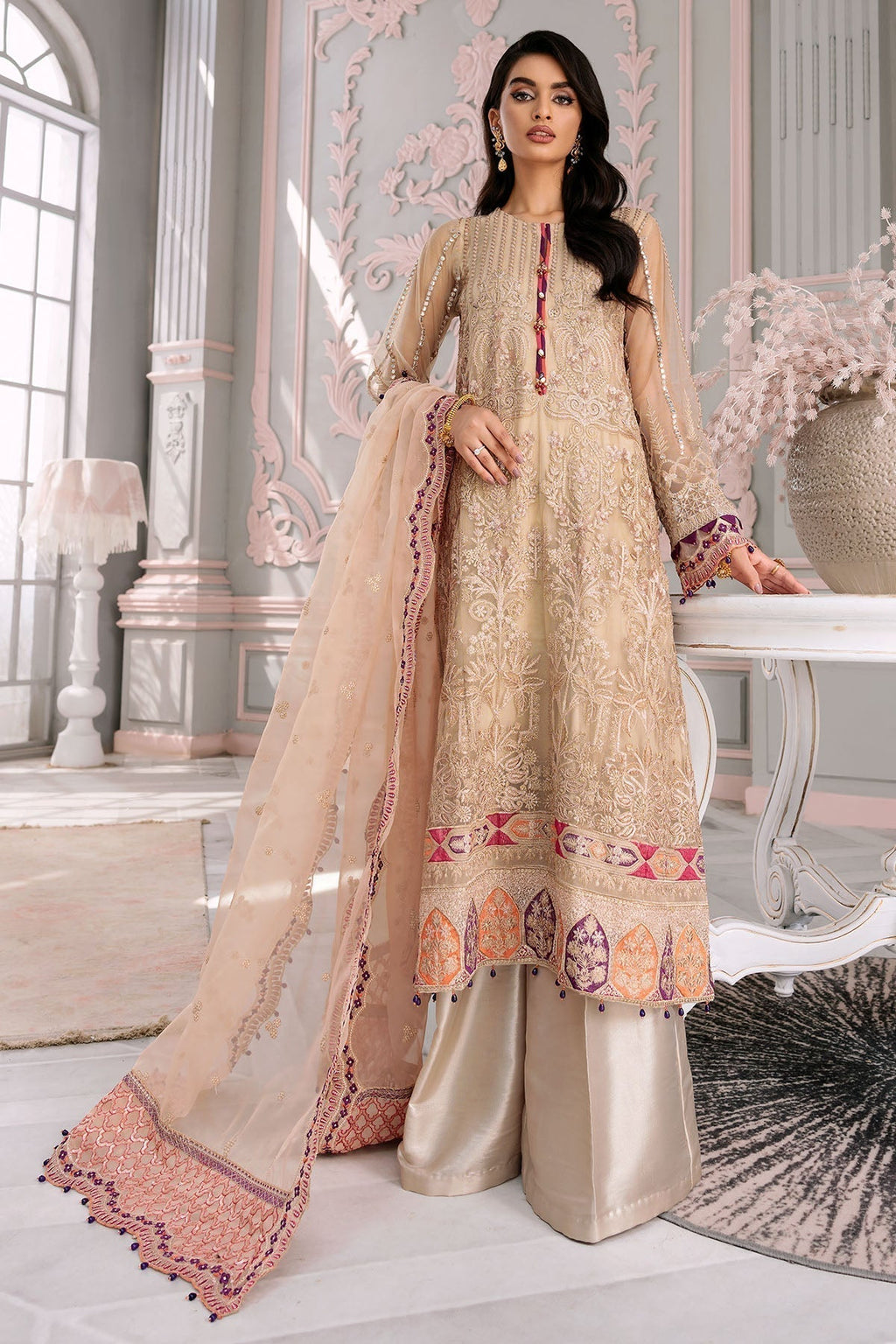 Motifz-3391-LENTERNITE EMBROIDERED SILK NET - Riwayat-e-khas
