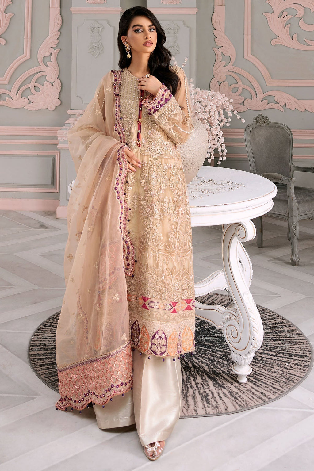 Motifz-3391-LENTERNITE EMBROIDERED SILK NET - Riwayat-e-khas