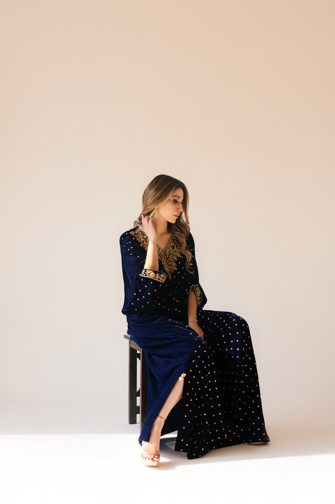 Sammy K | Velvet Festive Edit | Navy Blue Caftan - Riwayat-e-Khas
