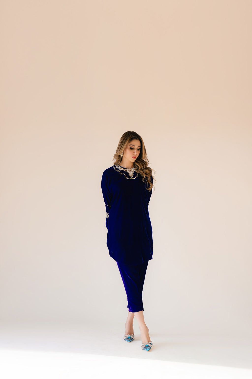 Sammy K | Velvet Festive Edit | Royal blue velvet Poncho Outfit - Riwayat-e-Khas