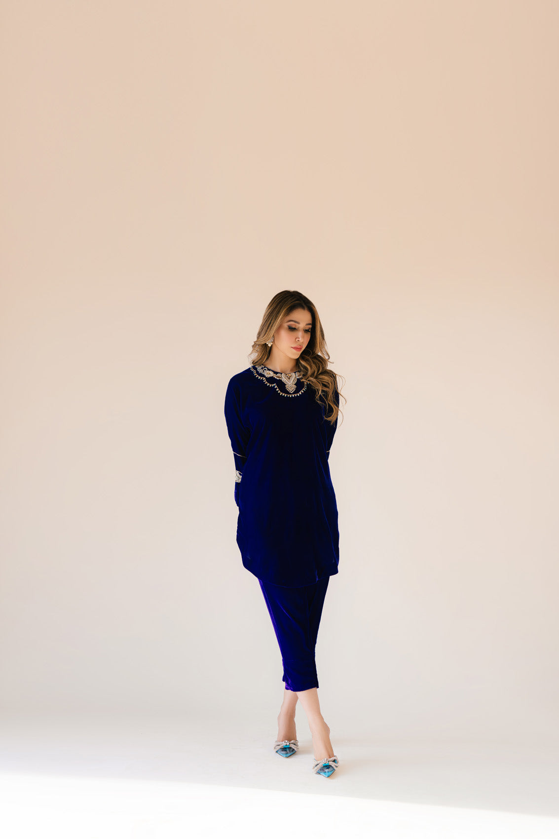 Sammy K | Velvet Festive Edit | Royal blue velvet Poncho Outfit - Riwayat-e-Khas