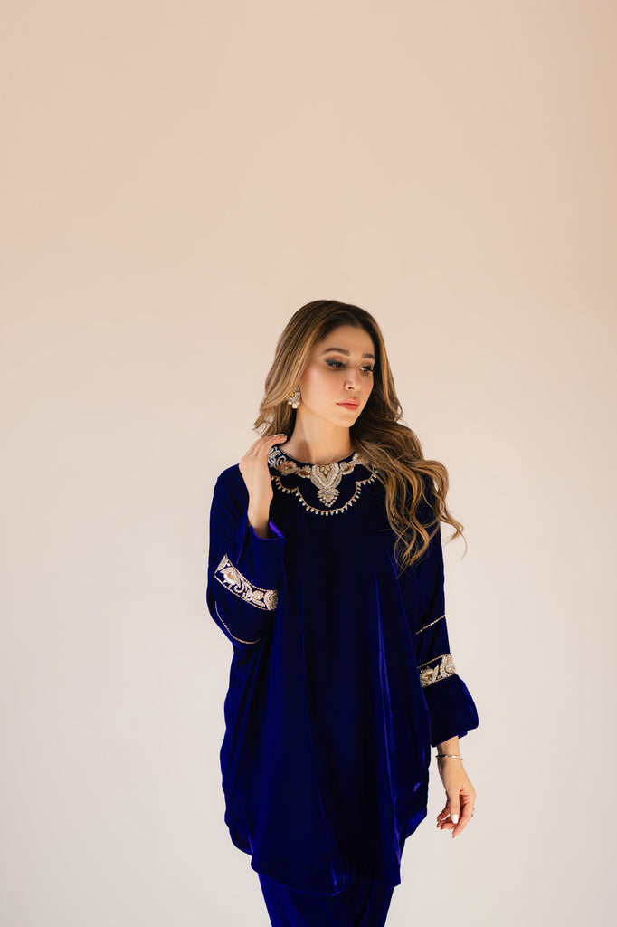Sammy K | Velvet Festive Edit | Royal blue velvet Poncho Outfit - Riwayat-e-Khas