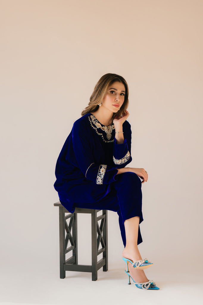Sammy K | Velvet Festive Edit | Royal blue velvet Poncho Outfit - Riwayat-e-Khas