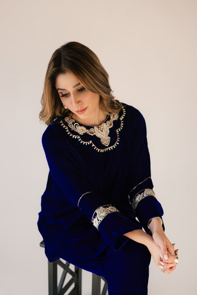 Sammy K | Velvet Festive Edit | Royal blue velvet Poncho Outfit - Riwayat-e-Khas