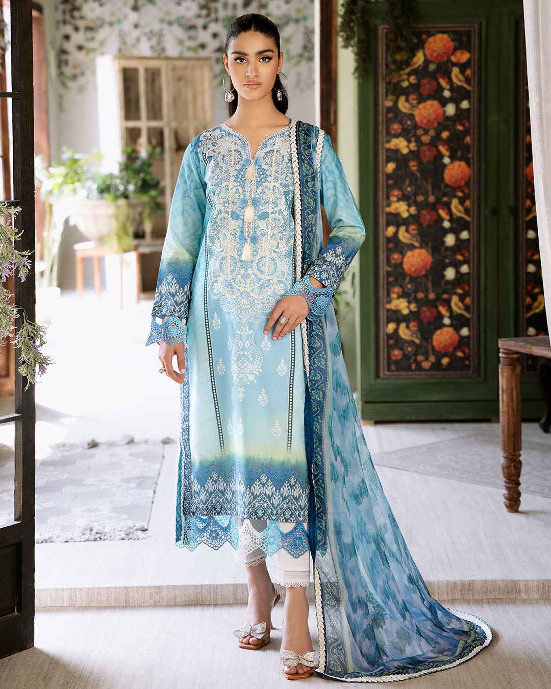 Roheenaz | Flora Printed Lawn | Azure - Riwayat-e-Khas