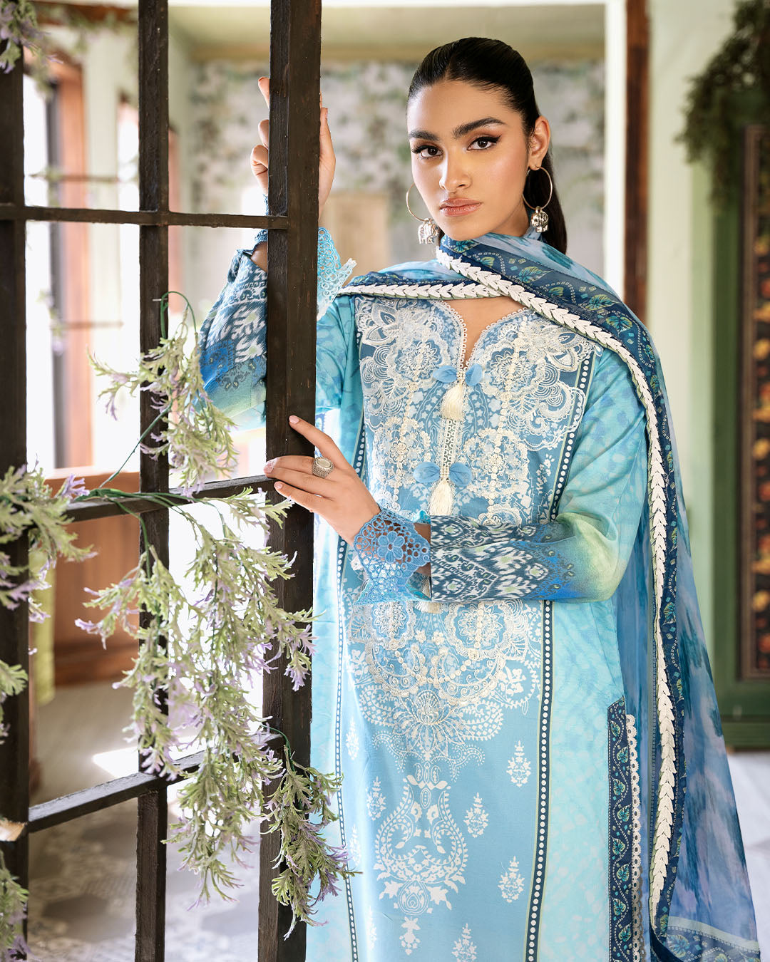 Roheenaz | Flora Printed Lawn | Azure - Riwayat-e-Khas