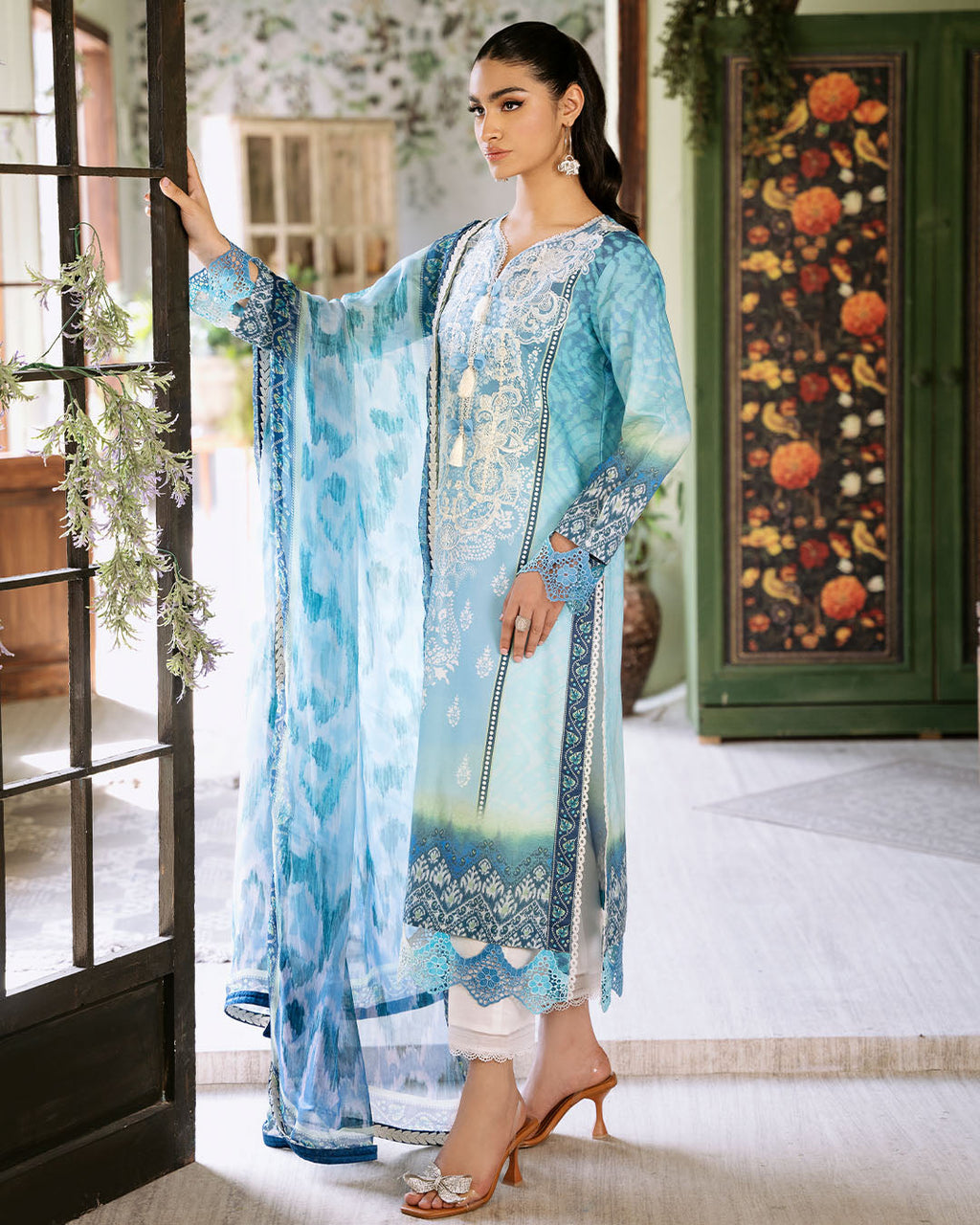 Roheenaz | Flora Printed Lawn | Azure - Riwayat-e-Khas