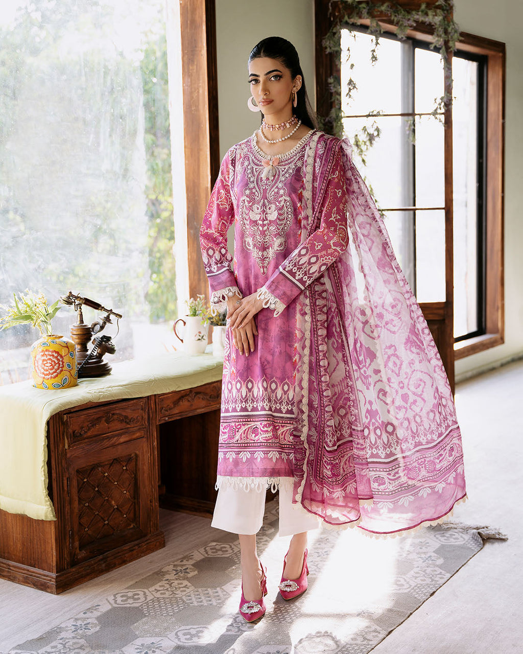 Roheenaz | Flora Printed Lawn | Amaranth - Riwayat-e-Khas