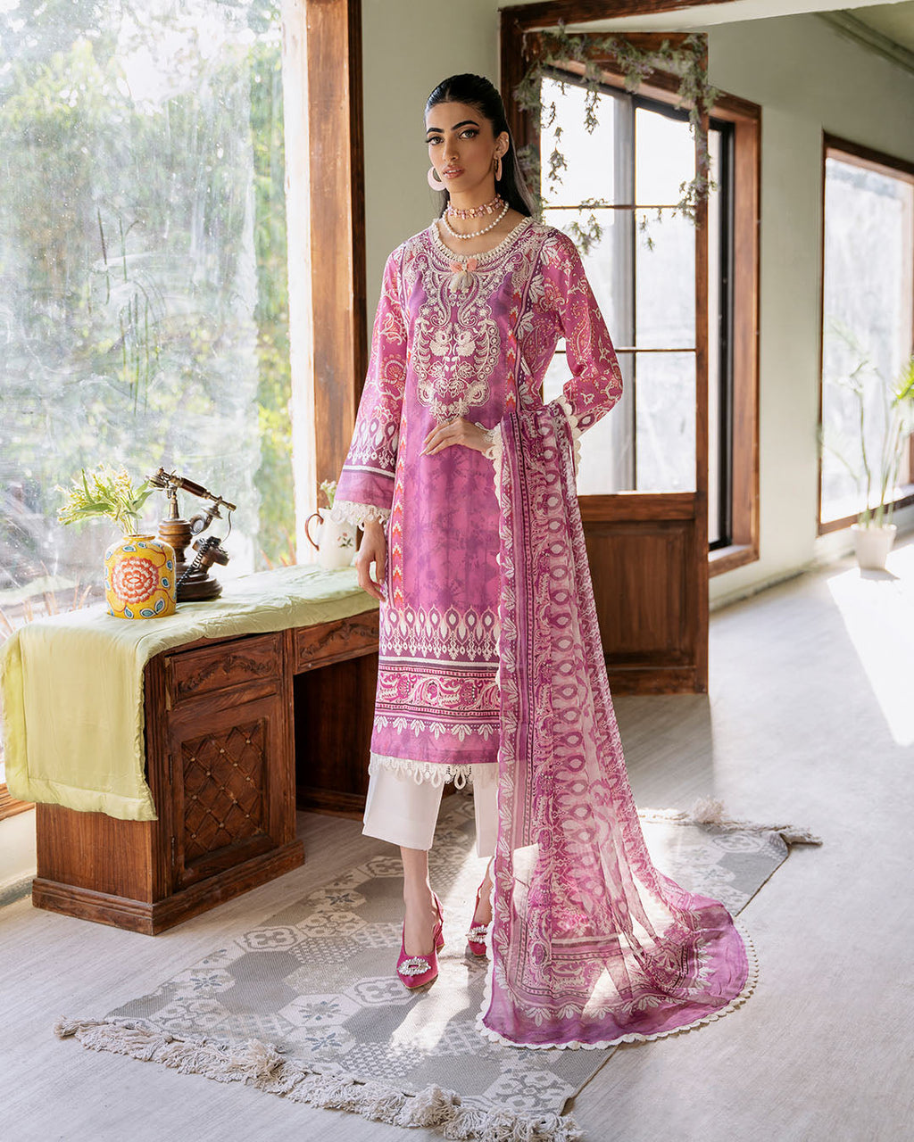 Roheenaz | Flora Printed Lawn | Amaranth - Riwayat-e-Khas